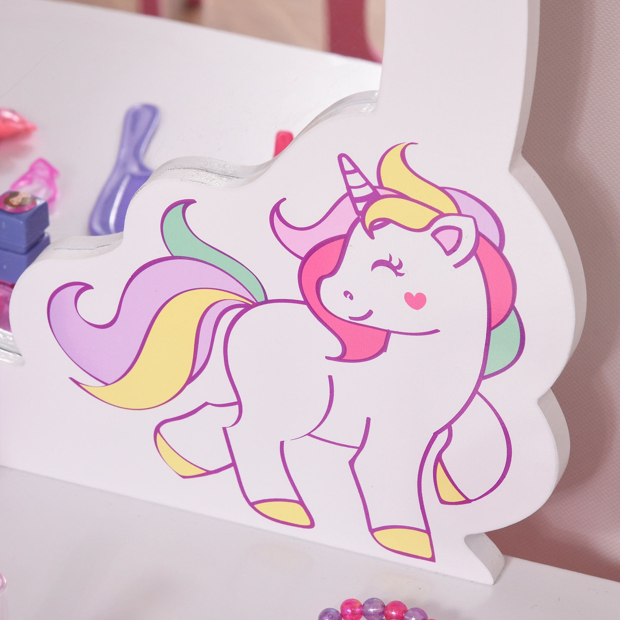 Voir la diapositive 5 : HOMCOM Coiffeuse enfant design licorne - tabouret inclus - dim. 49L x 34l x 90H cm - tiroir, miroir - MDF - rose blanc