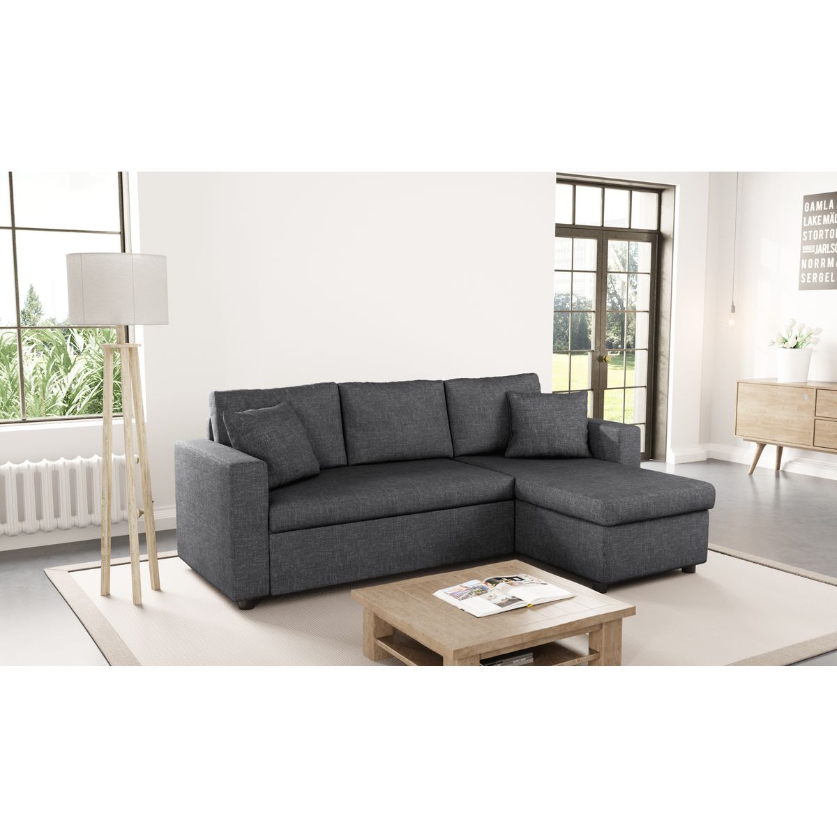 MATHILDE Canapé d'angle 3 places réversible et convertible avec coffre Tissu Gris