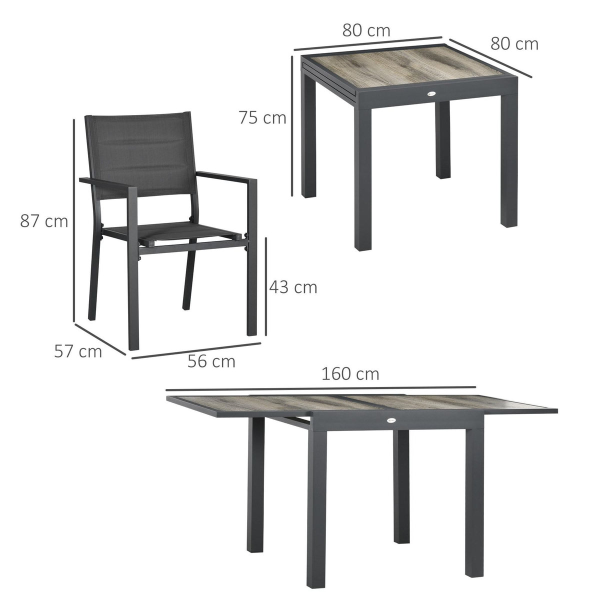 OUTSUNNY Ensemble de jardin 4 personnes chaises empilables table extensible 80/160L cm alu. teslin gris