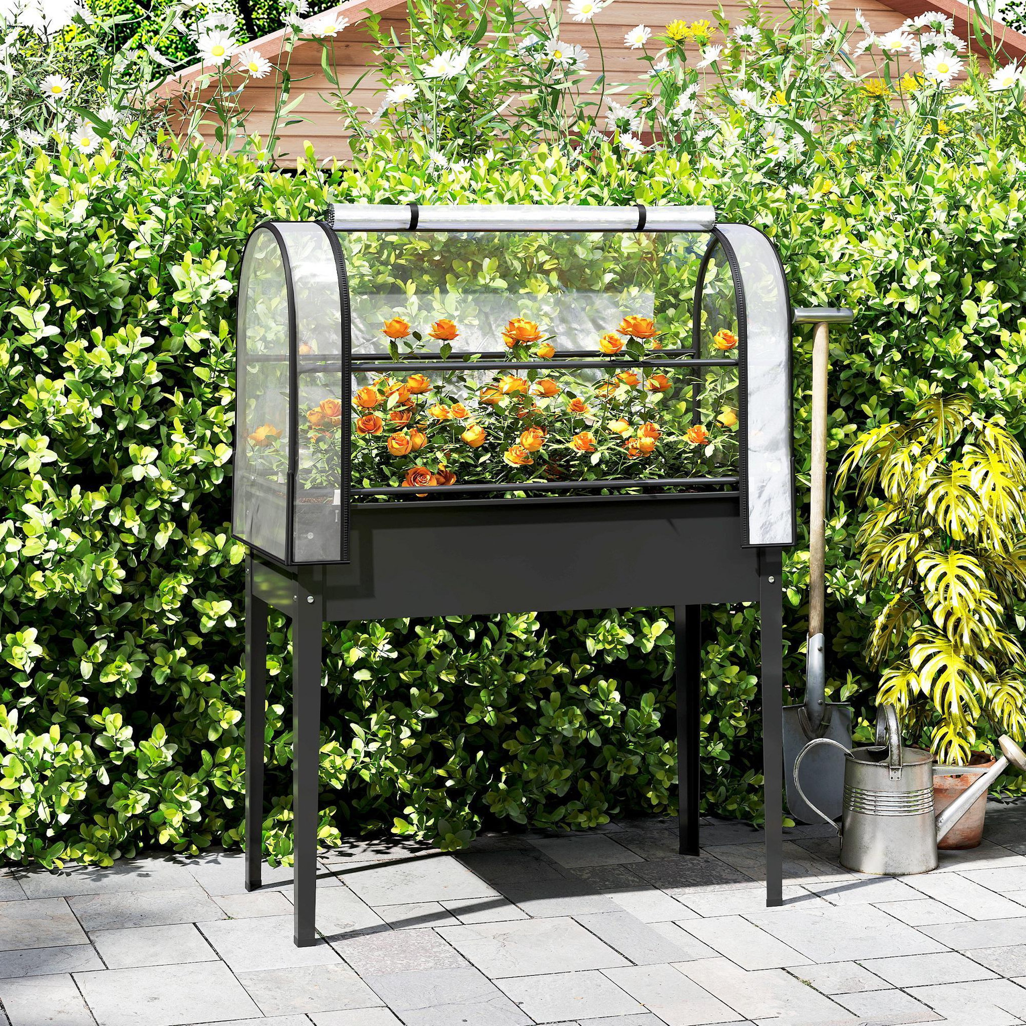 Voir la diapositive 2 : OUTSUNNY Potager sur pieds - serre rabattable - trou de drainage - pour plantes fleurs légumes - métal - 100 x 49 x 136 - noir