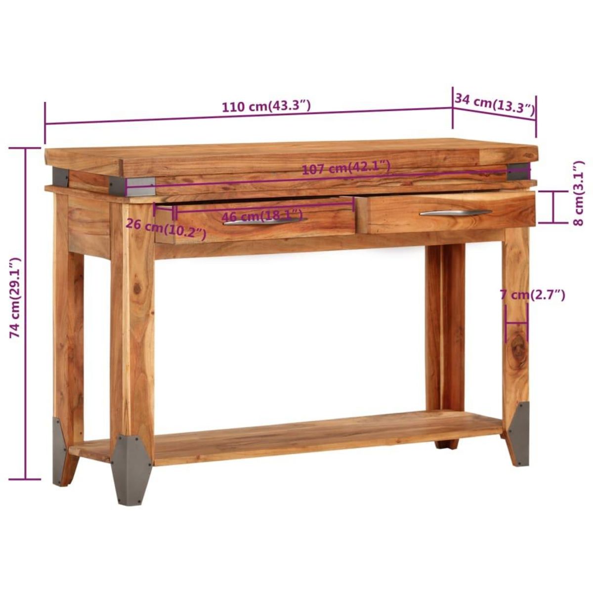 VIDAXL Table console 110x34x74 cm Bois d'acacia massif