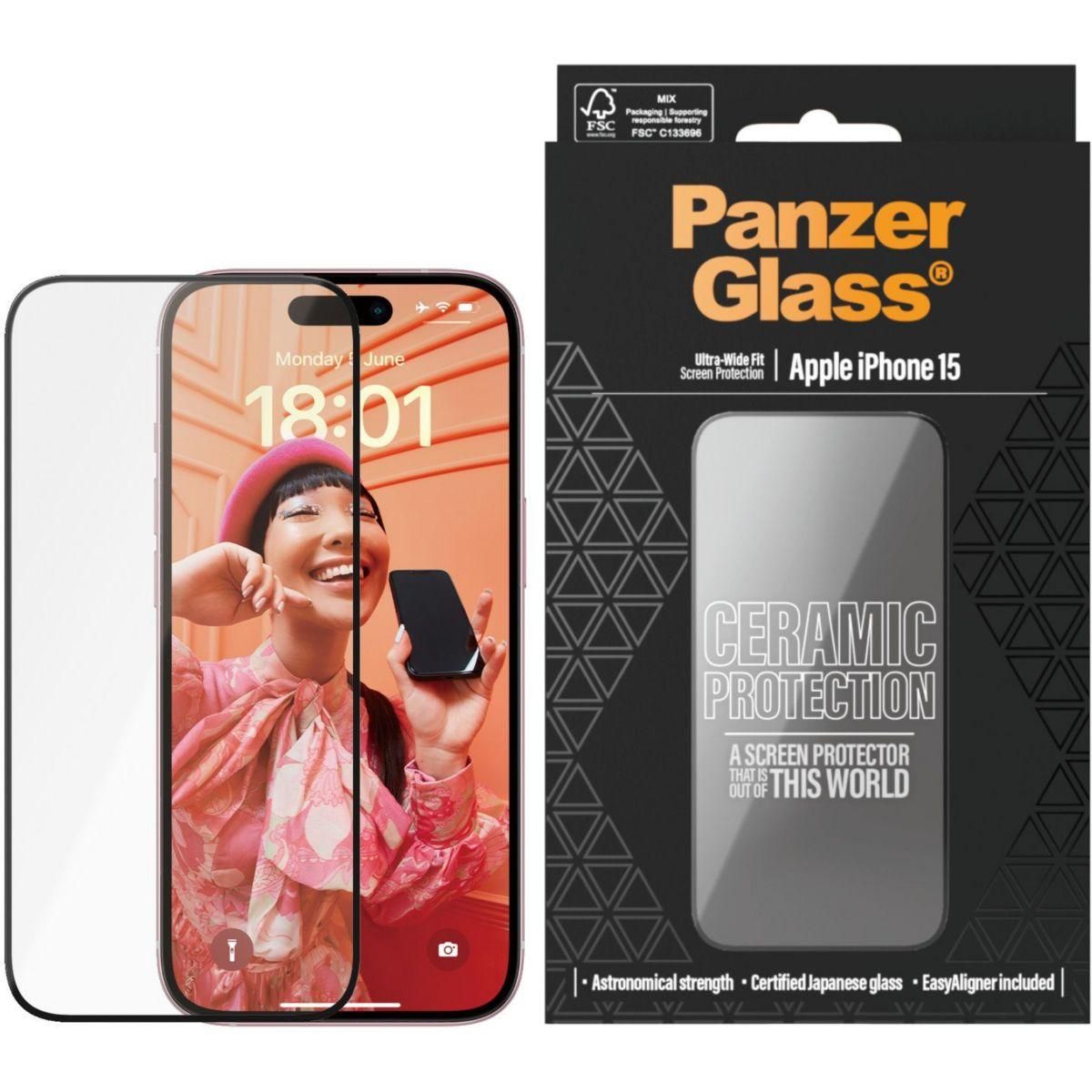 PANZERGLASS Protège écran iPhone 15 verre trempé Ceramic