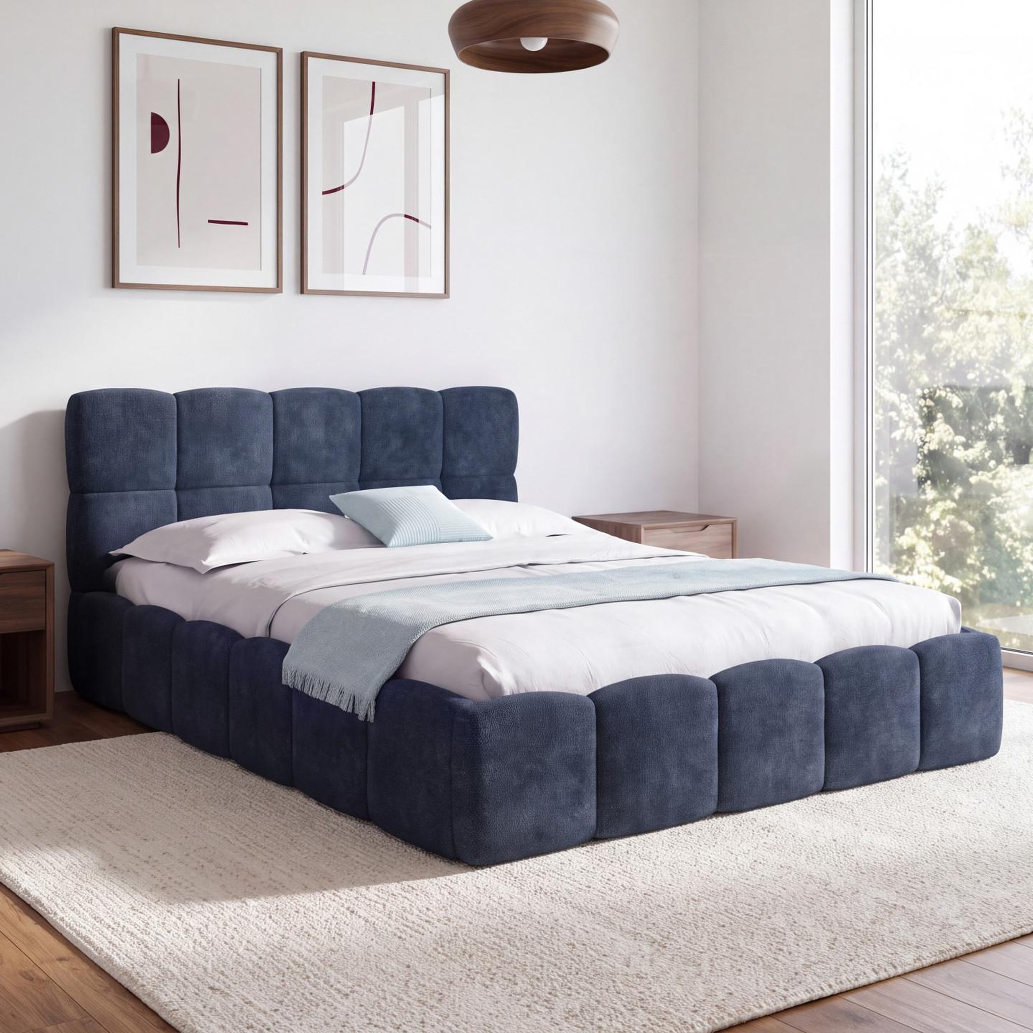 Voir la diapositive 6 : ID MARKET Lit coffre double nuage avec tête de lit matelassée et sommier 140 x 190 cm en tissu effet chenille bleu