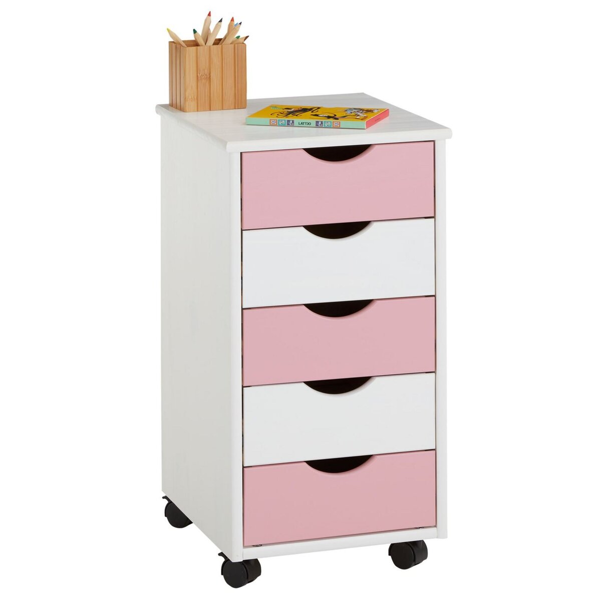 IDIMEX Caisson de bureau LAGOS meuble de rangement sur roulettes avec 5  tiroirs, en pin massif lasuré blanc et rose pas cher 