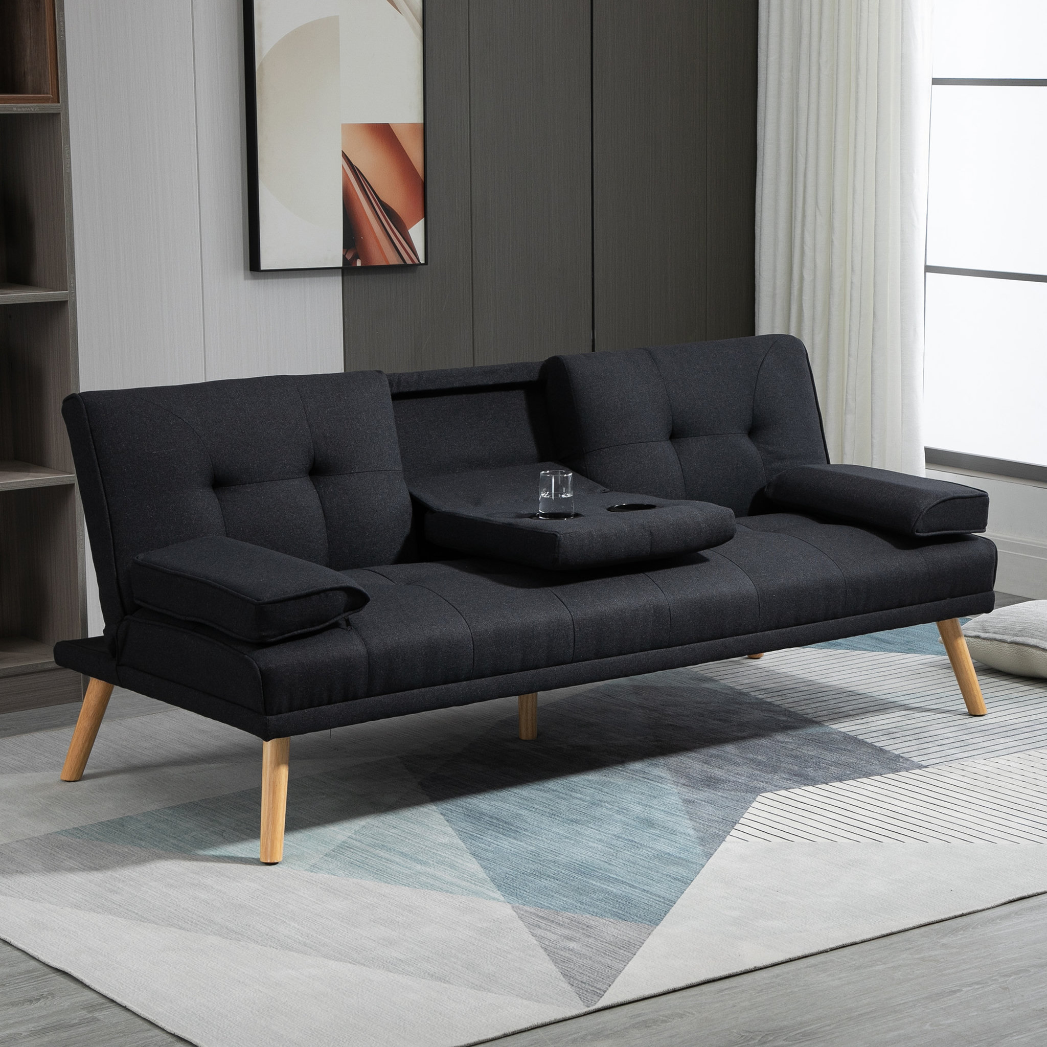 Voir la diapositive 2 : HOMCOM Canapé convertible 3 places design scandinave inclinaison dossier réglable 3 niveaux dossier centrale rabattable 2 porte-verres bois peuplier polyester anthracite