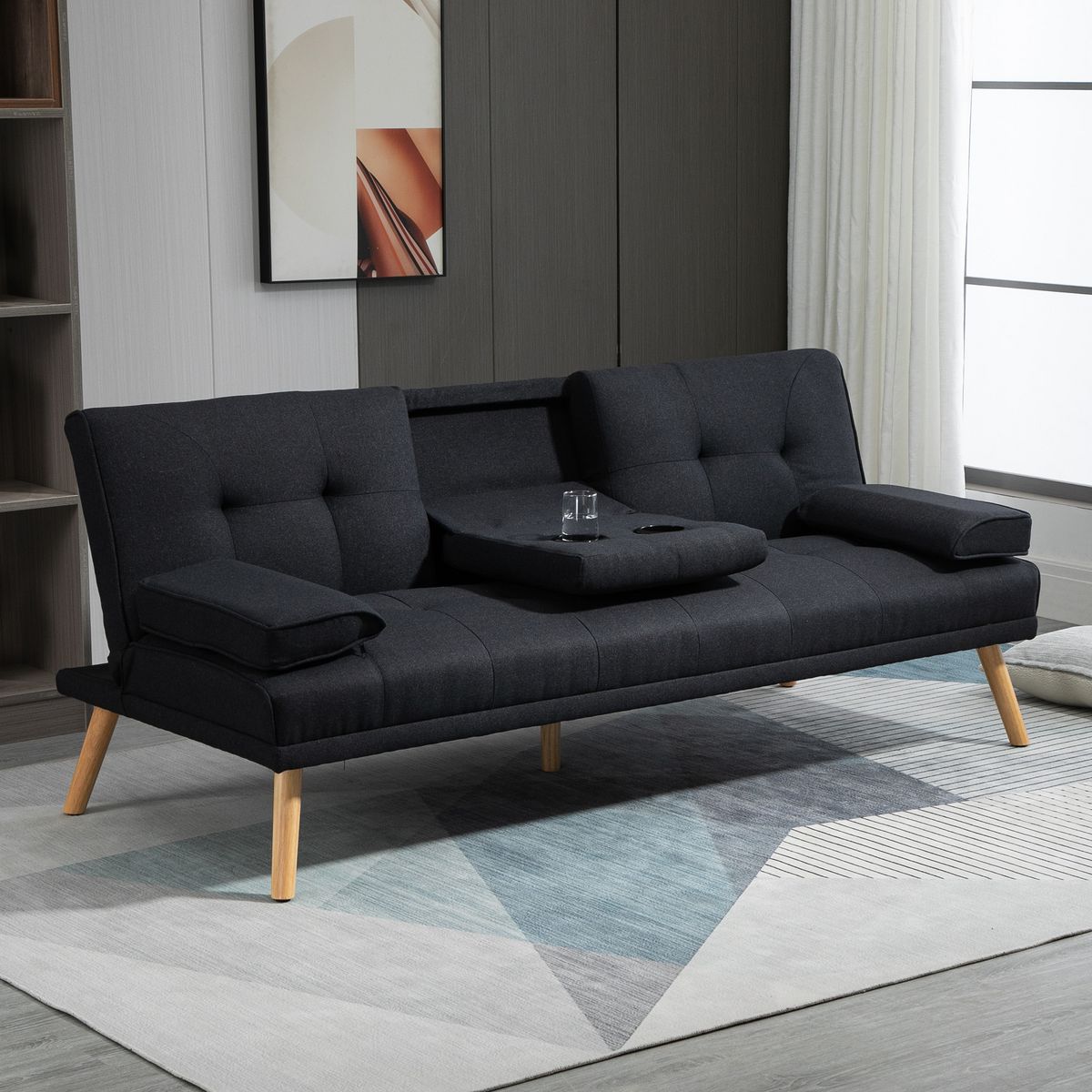 HOMCOM Canapé convertible 3 places design scandinave inclinaison dossier réglable 3 niveaux dossier centrale rabattable 2 porte-verres bois peuplier polyester anthracite