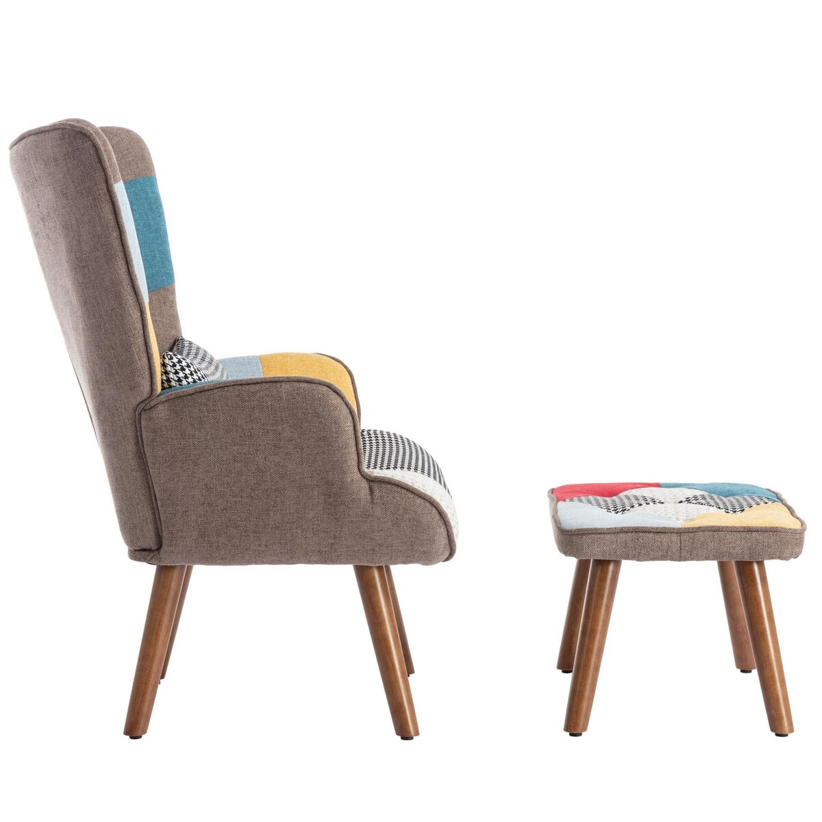 MERAX Fauteuil Scandinave + Pouf Tissu Multicolore