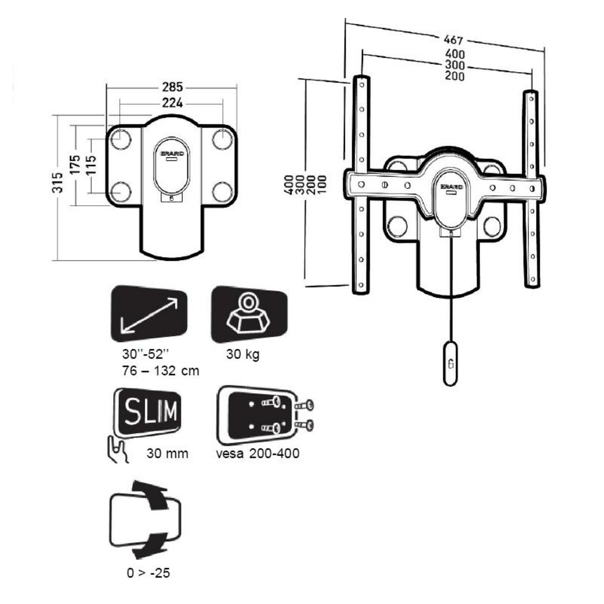 Erard Support mural inclinable pour écran de 30 à 52 - 044240