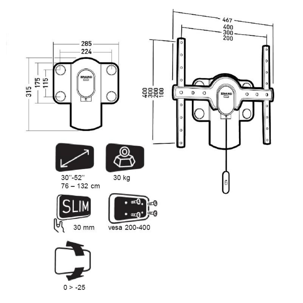 Erard Support mural inclinable pour écran de 30 à 52 - 044240