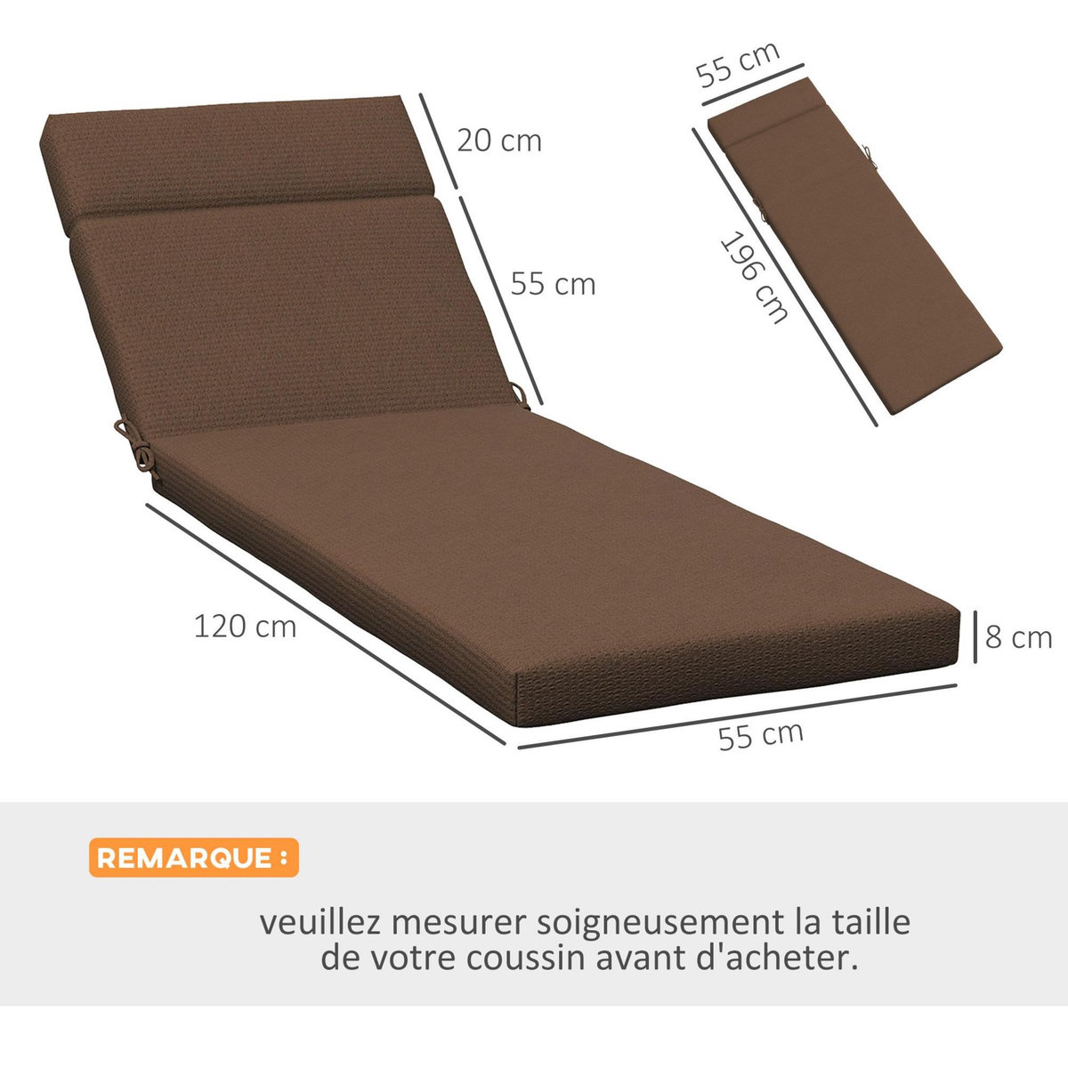 OUTSUNNY Lot de 2 matelas pour bain de soleil transat - cordons et velcros d'attache - dim. 196L x 55l cm ép. 8 cm - polyester déperlant marron