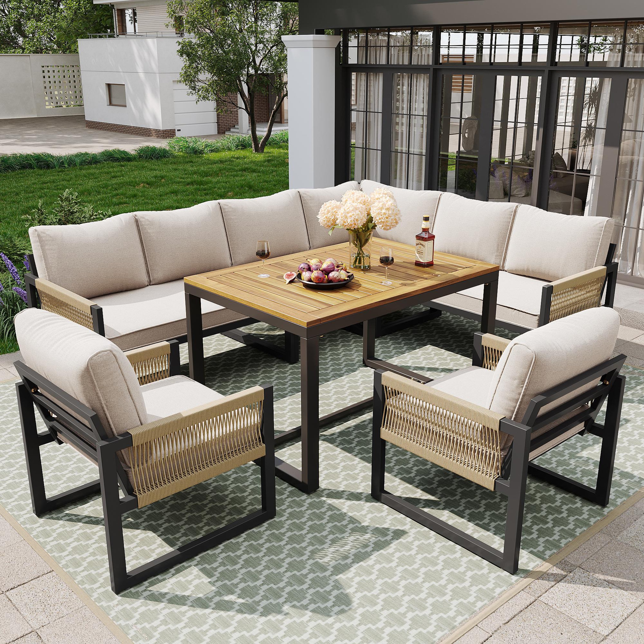 Voir la diapositive 2 : MERAX Salon de jardin repas 8 places en rotin et métal avec canapé d'angle, 3 fauteuils et 1 table, beige