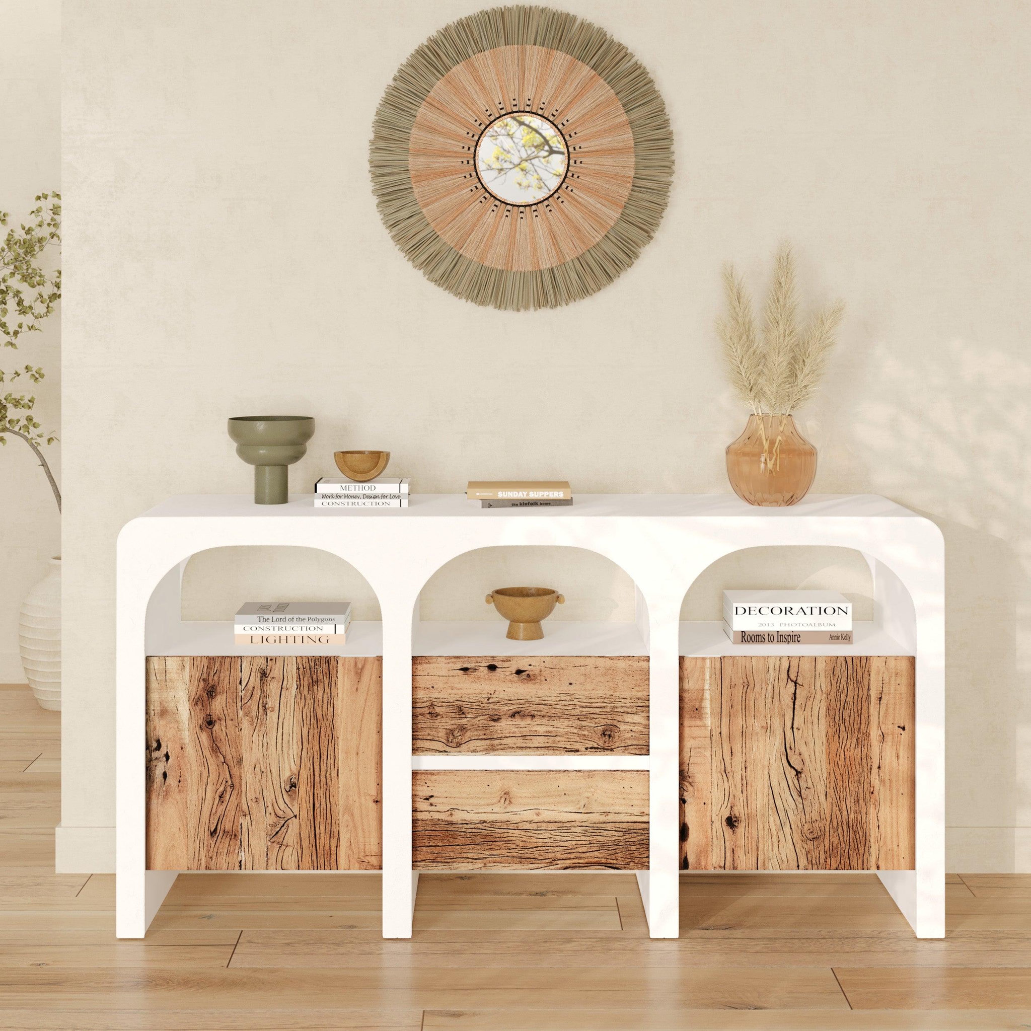 Voir la diapositive 2 : MAISON PAVANE Buffet en plâtre blanc cassé et bois d'acacia-fira