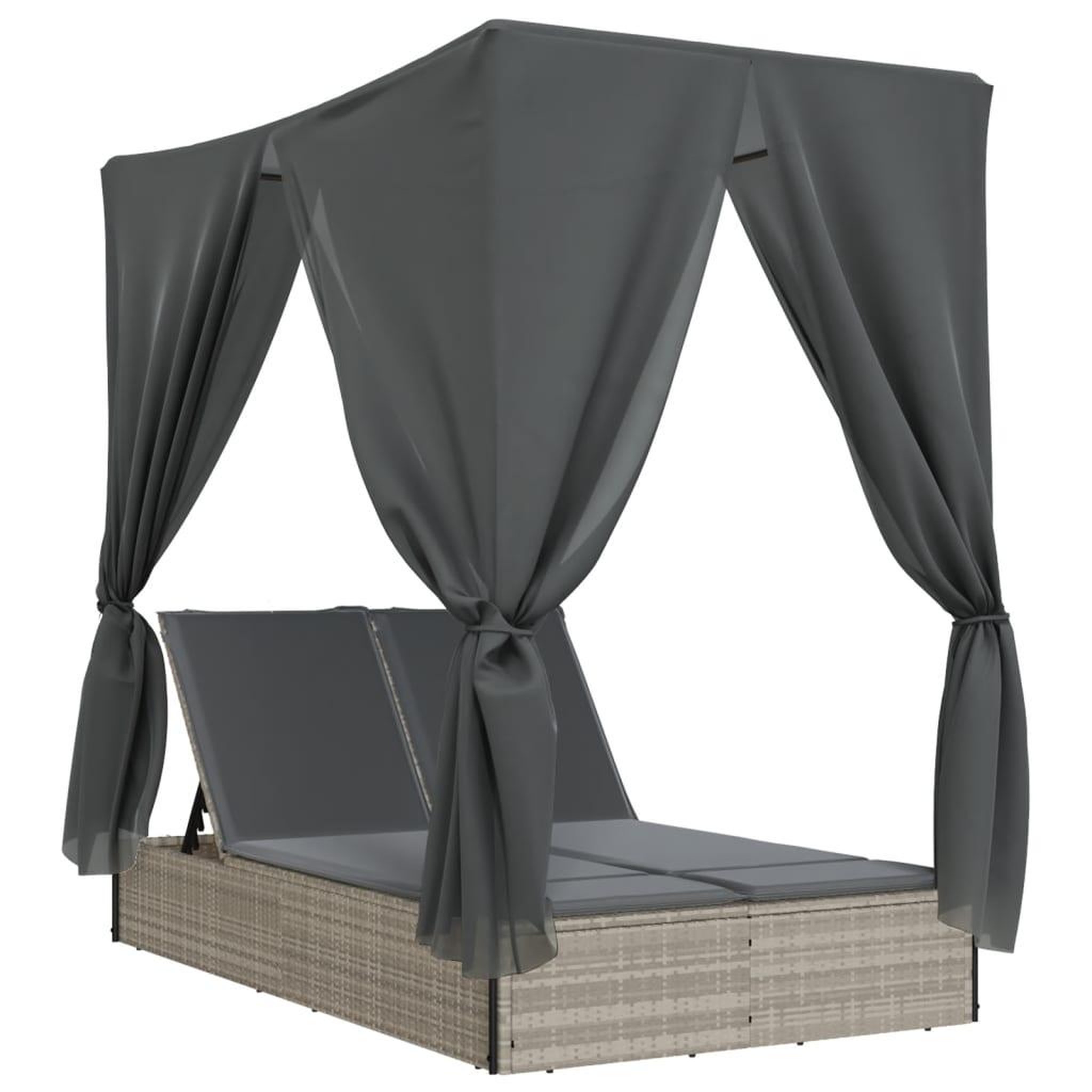 Voir la diapositive 2 : VIDAXL Chaise longue double avec toit et rideaux gris clair poly rotin