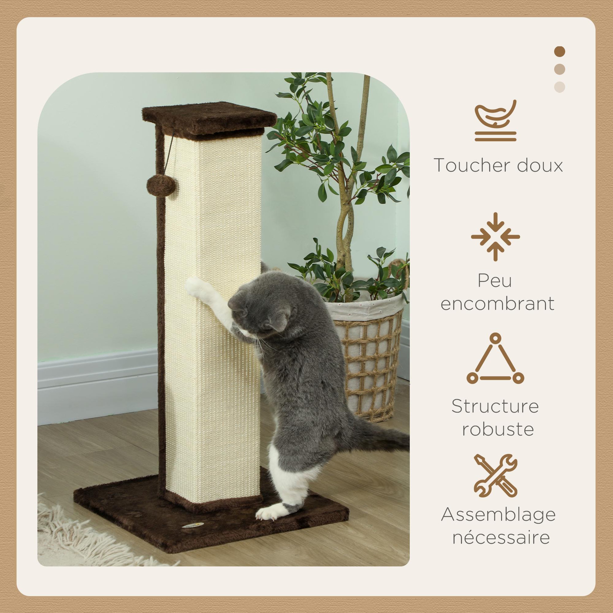 Voir la diapositive 5 : PAWHUT Griffoir tour pour chat h.81 cm - poteau à griffer avec jeu balle suspendue - peluche gris sisal naturel