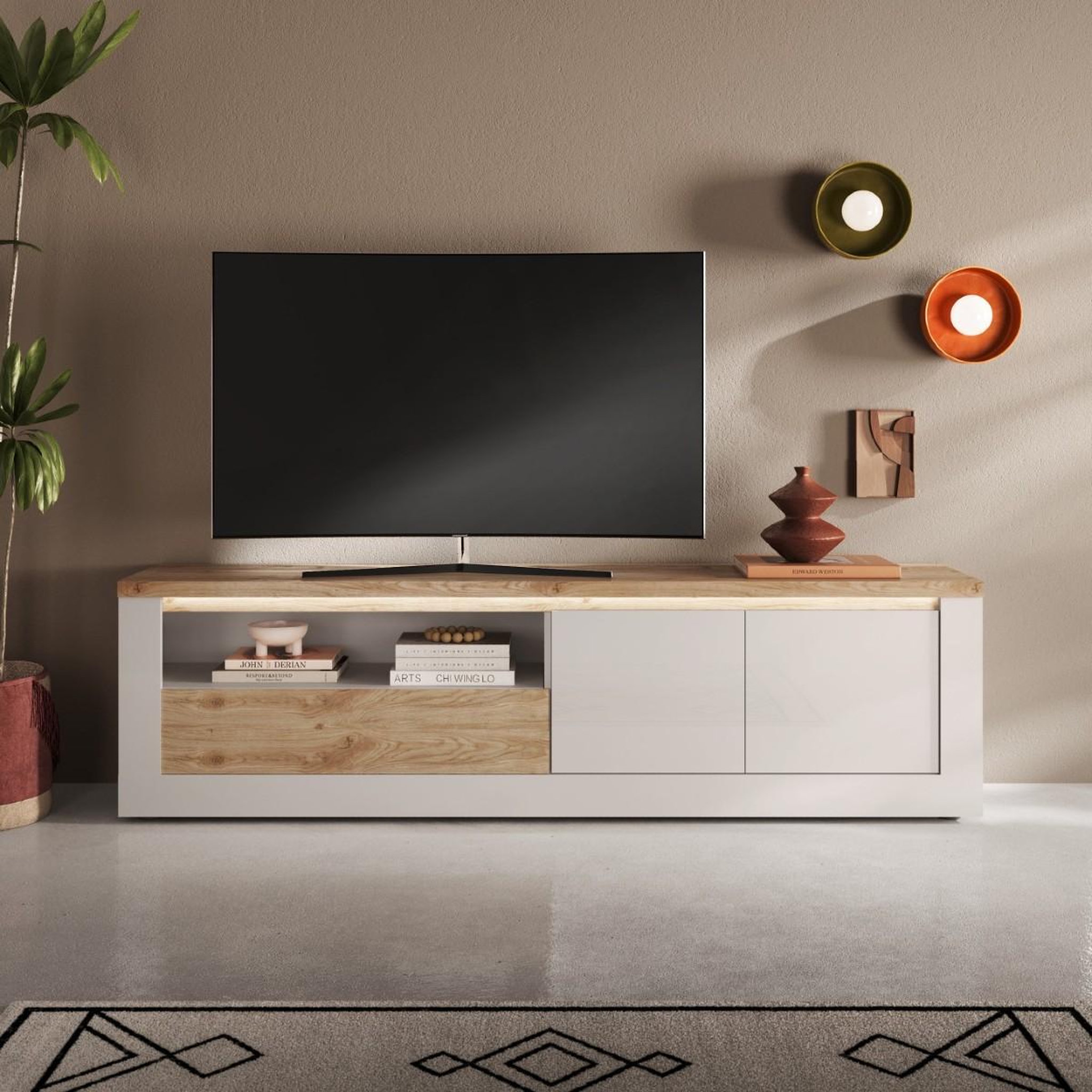 Voir la diapositive 2 : JLC KREATION Meuble tv moderne laqué blanc et bois + led 210cm aria