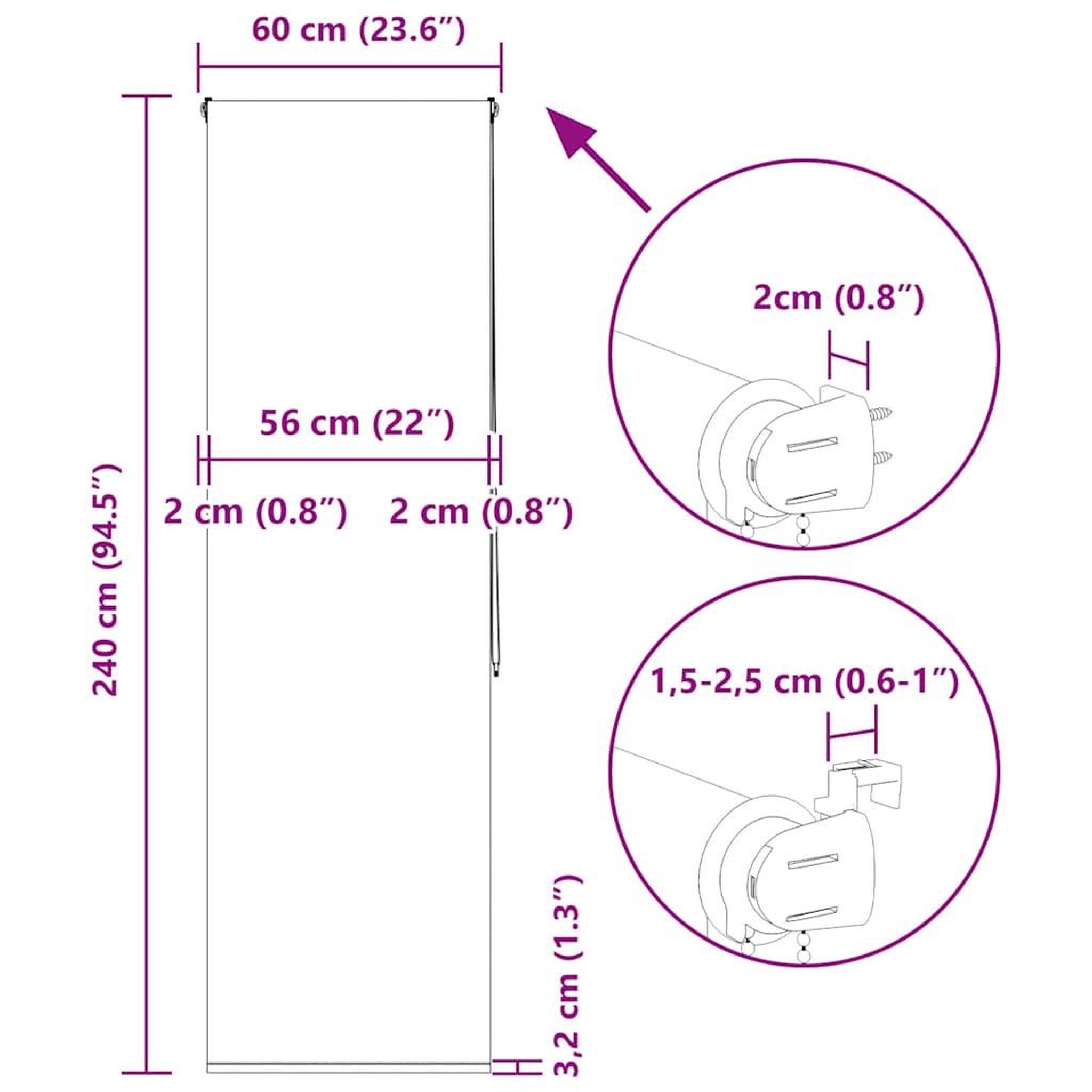 Voir la diapositive 6 : VIDAXL Store enrouleur de douche 60x240 cm largeur du tissu 56 cm