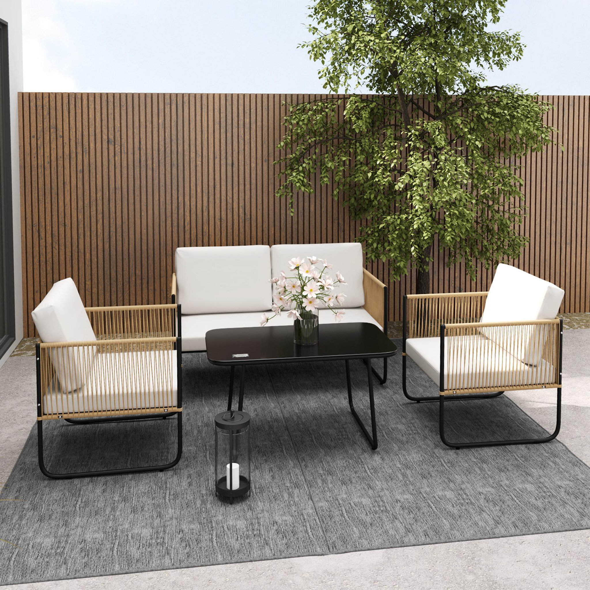 Voir la diapositive 2 : OUTSUNNY Salon de jardin 4 personnes 4 pièces style colonial acier noir résine filaire naturel
