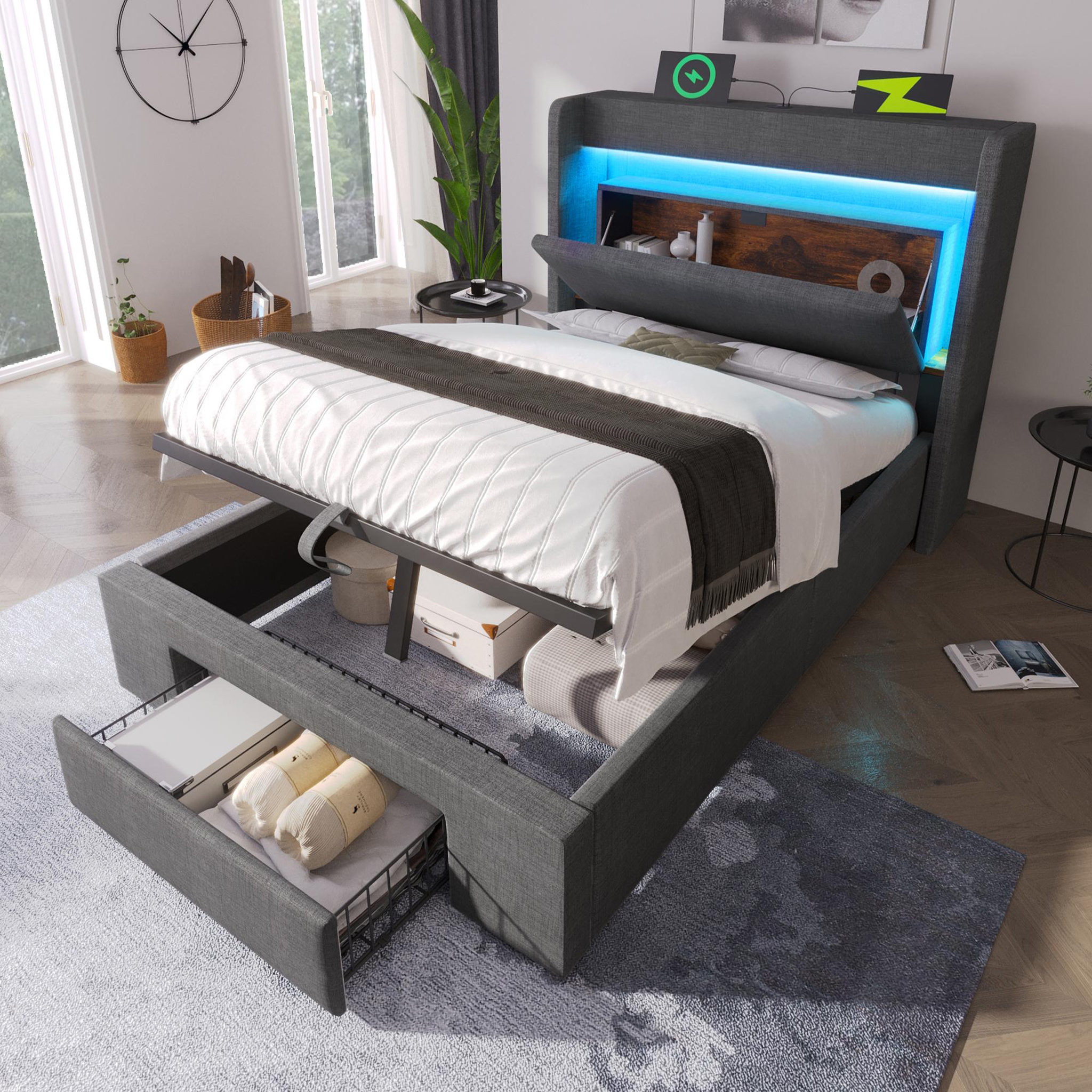 Voir la diapositive 2 : MERAX Lit coffre 90x200 cm en lin avec tête de lit rangement led usb usb-c et sommier à lattes