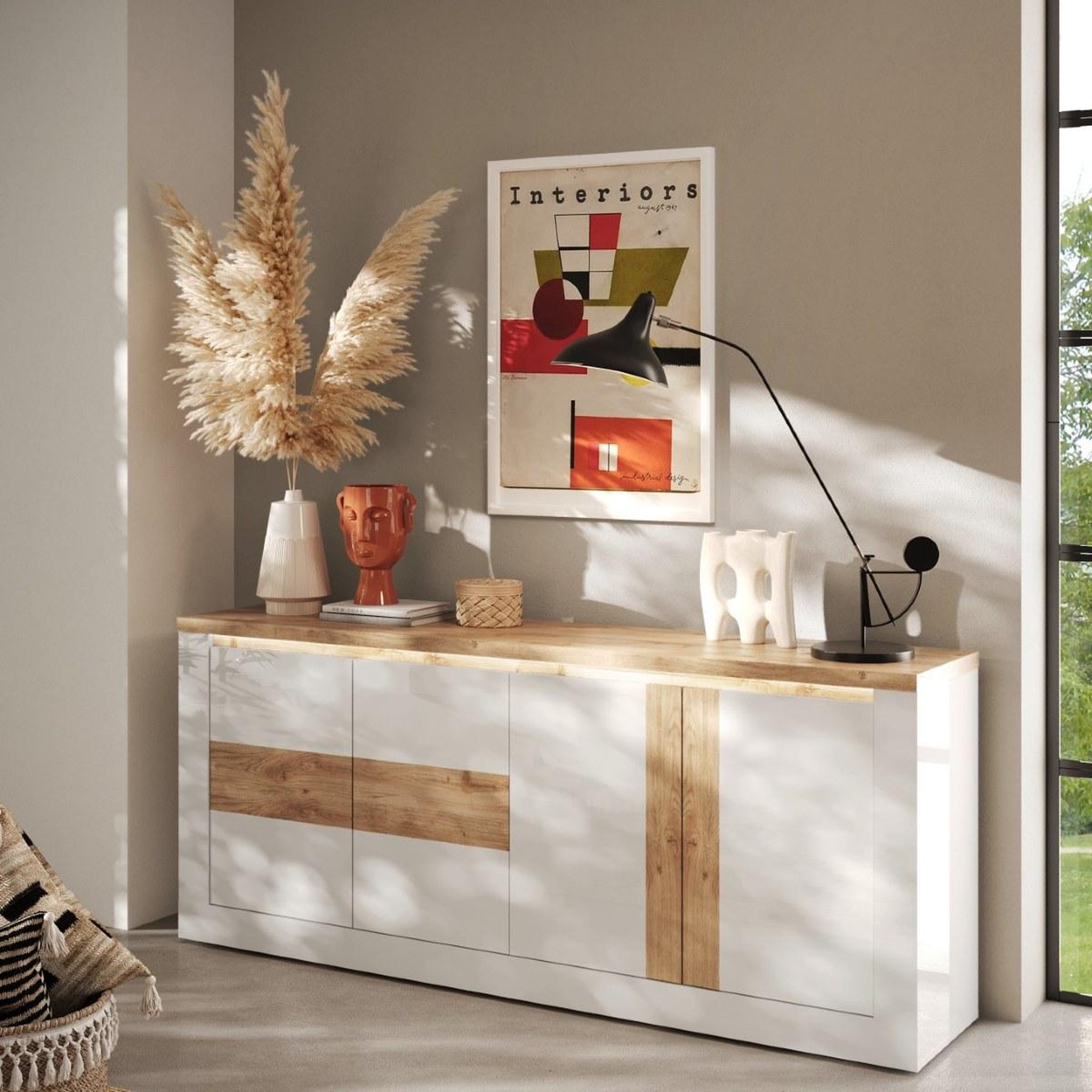 Voir la diapositive 3 : JLC KREATION Buffet moderne 4 portes laqué blanc et bois 210cm ARIA