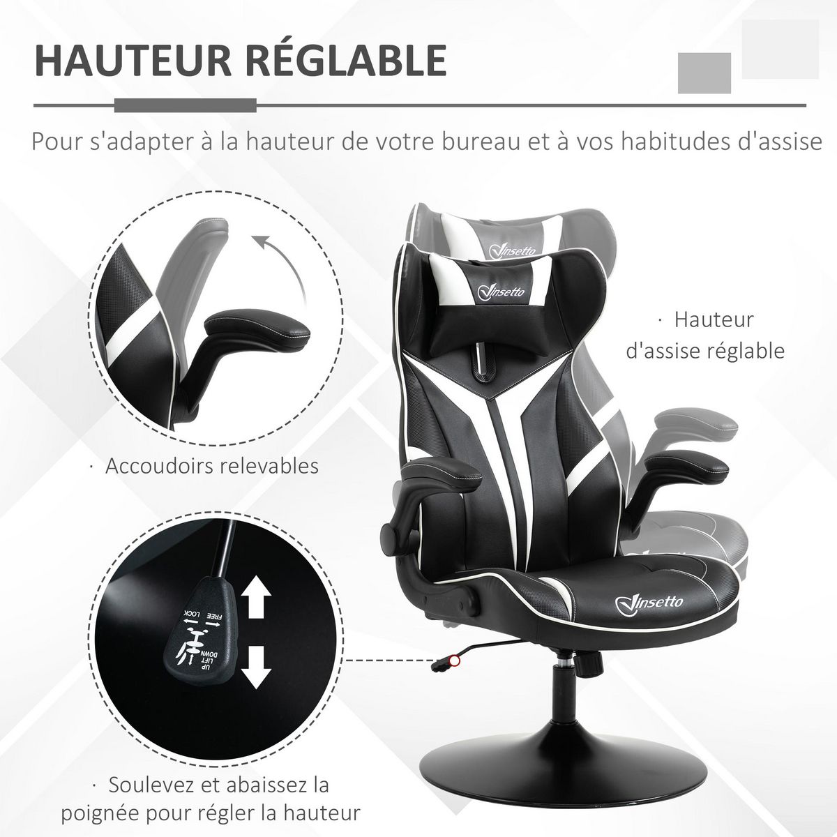 VINSETTO Fauteuil gaming base ronde métal pivotante 360° hauteur réglable tétière accoudoirs relevables PVC blanc noir