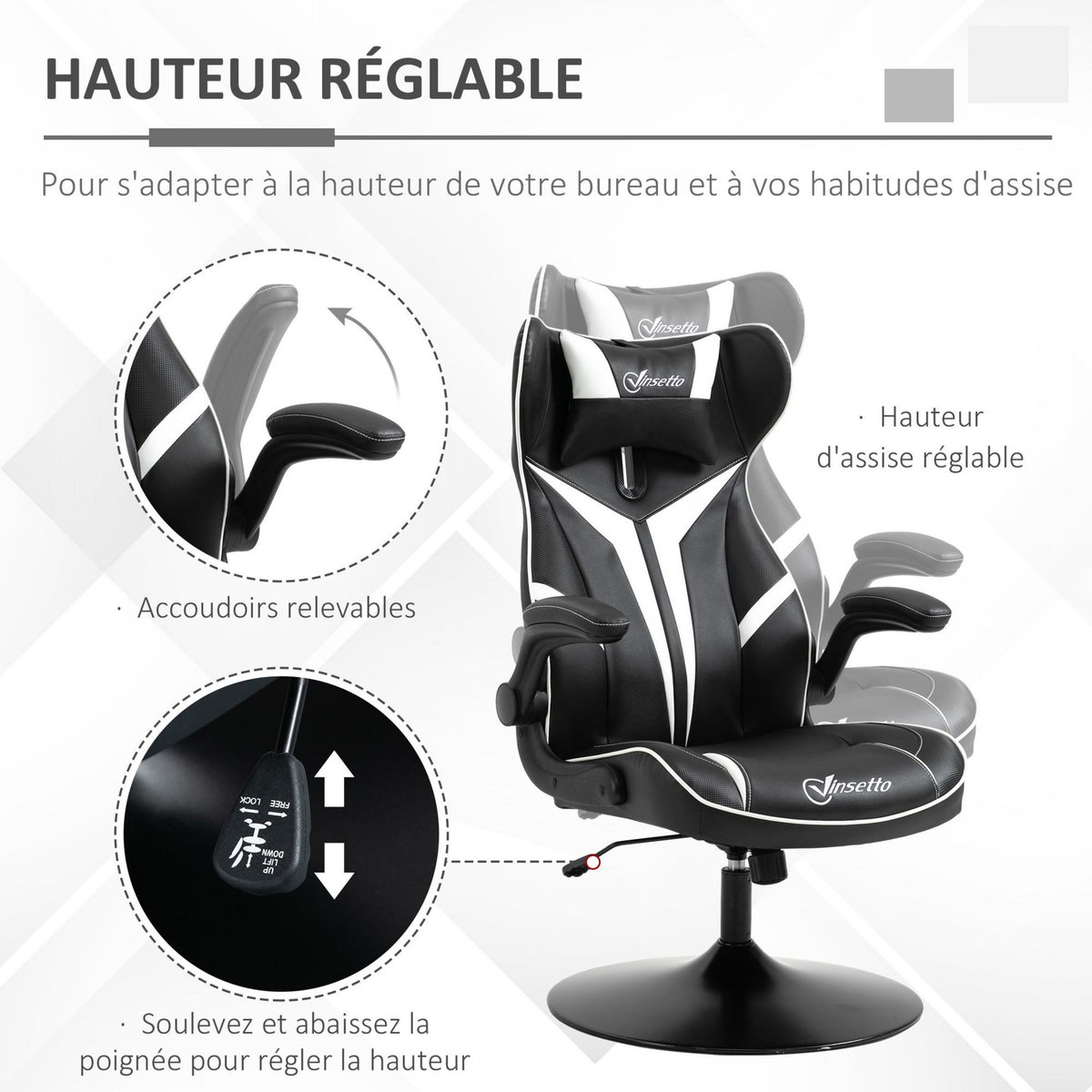VINSETTO Fauteuil gaming base ronde métal pivotante 360° hauteur réglable tétière accoudoirs relevables PVC blanc noir