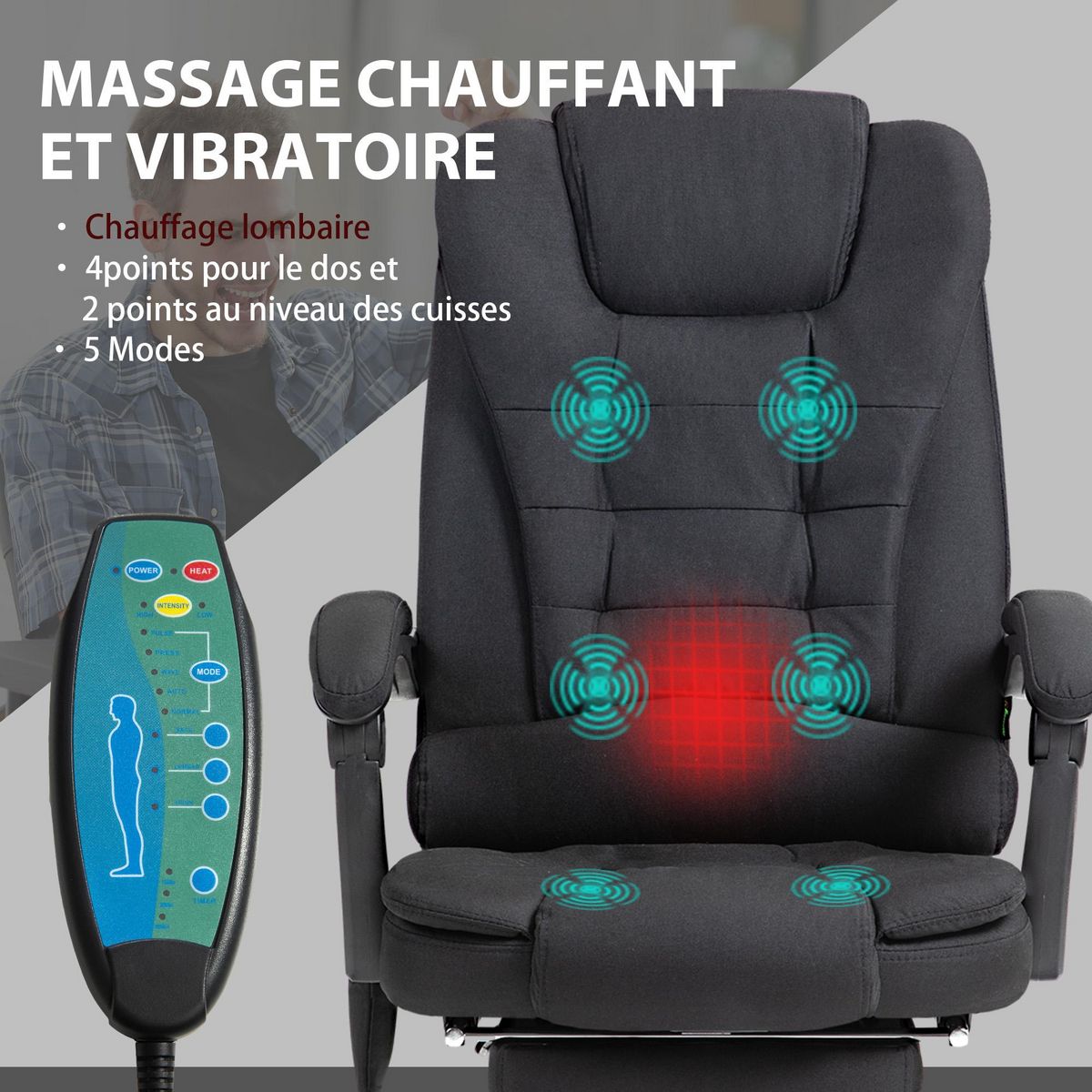 VINSETTO Fauteuil de bureau direction massant chauffant hauteur réglable dossier inclinable tissu noir