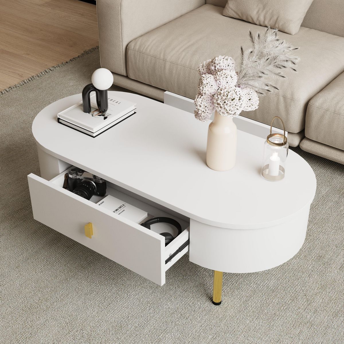 MERAX Table Basse Ovale Avec 2 Tiroirs Blanc