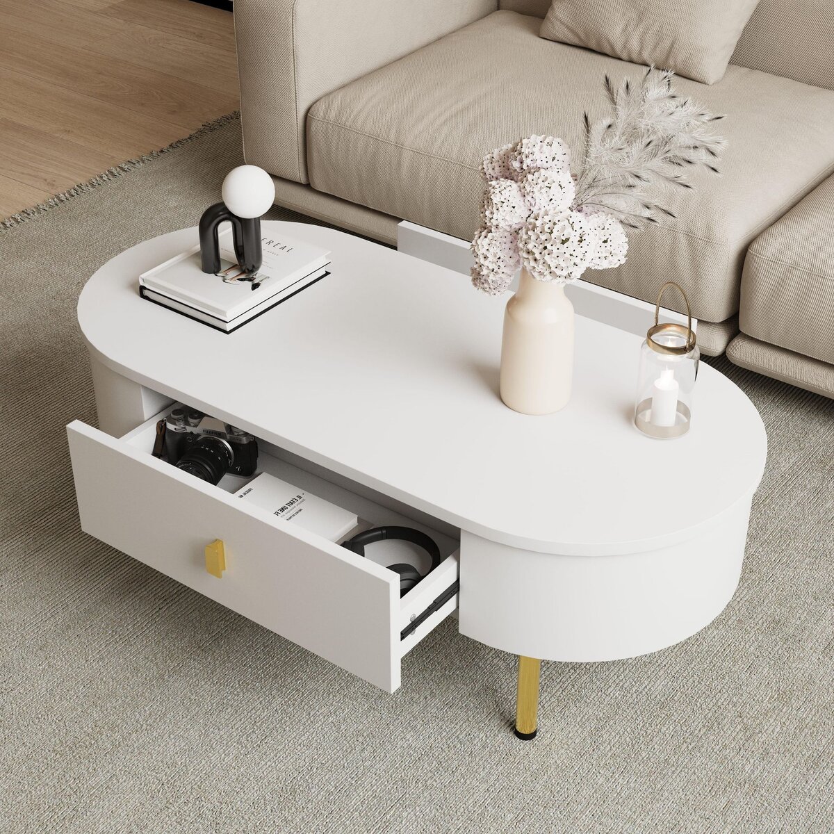 MERAX Table Basse Ovale Avec 2 Tiroirs Blanc