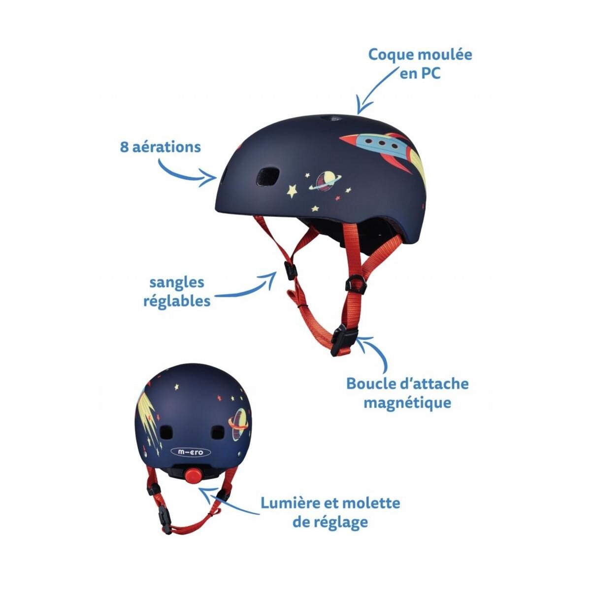 Micro Casque Vélo et Trottinette Rocket  boucle magnétique  lumière LED intégrée  Taille S