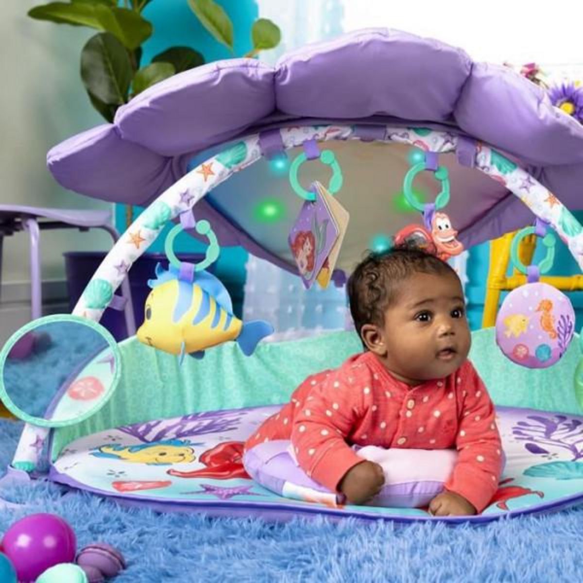 Bright Starts DISNEY BABY Tapis de sol éveil bébé évolutif - Ariel - Arche, jouets sensoriels et musicaux, guirlande lumineuse, miroir, co