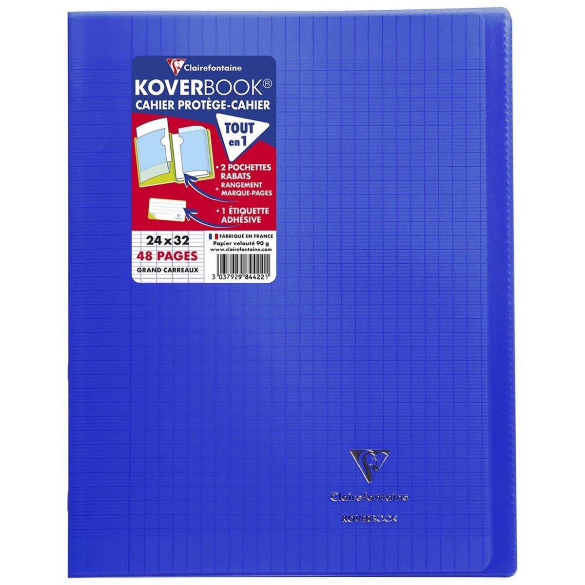 CLAIREFONTAINE Cahier piqué Koverbook 24x32 cm 48 pages grands carreaux coloris aléatoire marine transparent