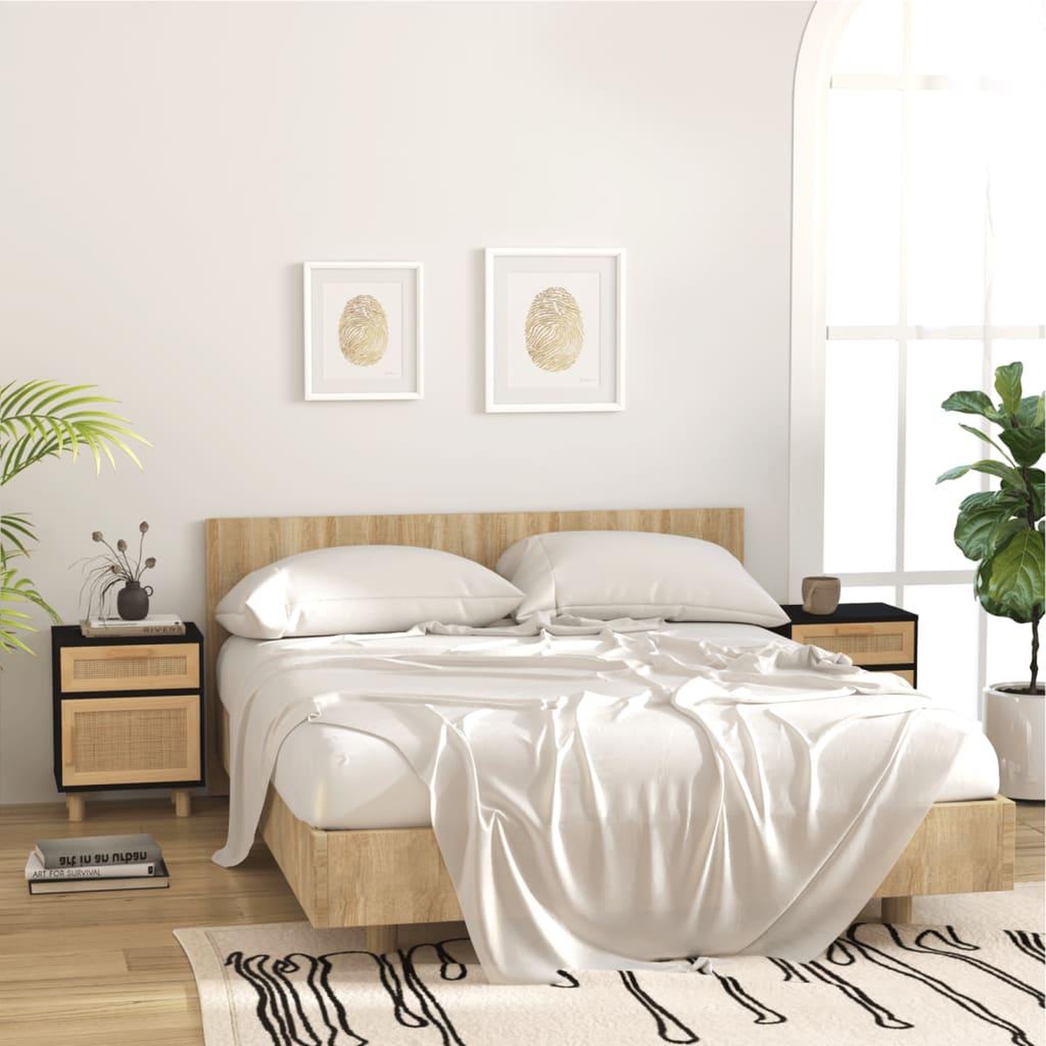 Voir la diapositive 1 : VIDAXL Tables de chevet 2 pcs Noir Bois de pin massif et rotin naturel