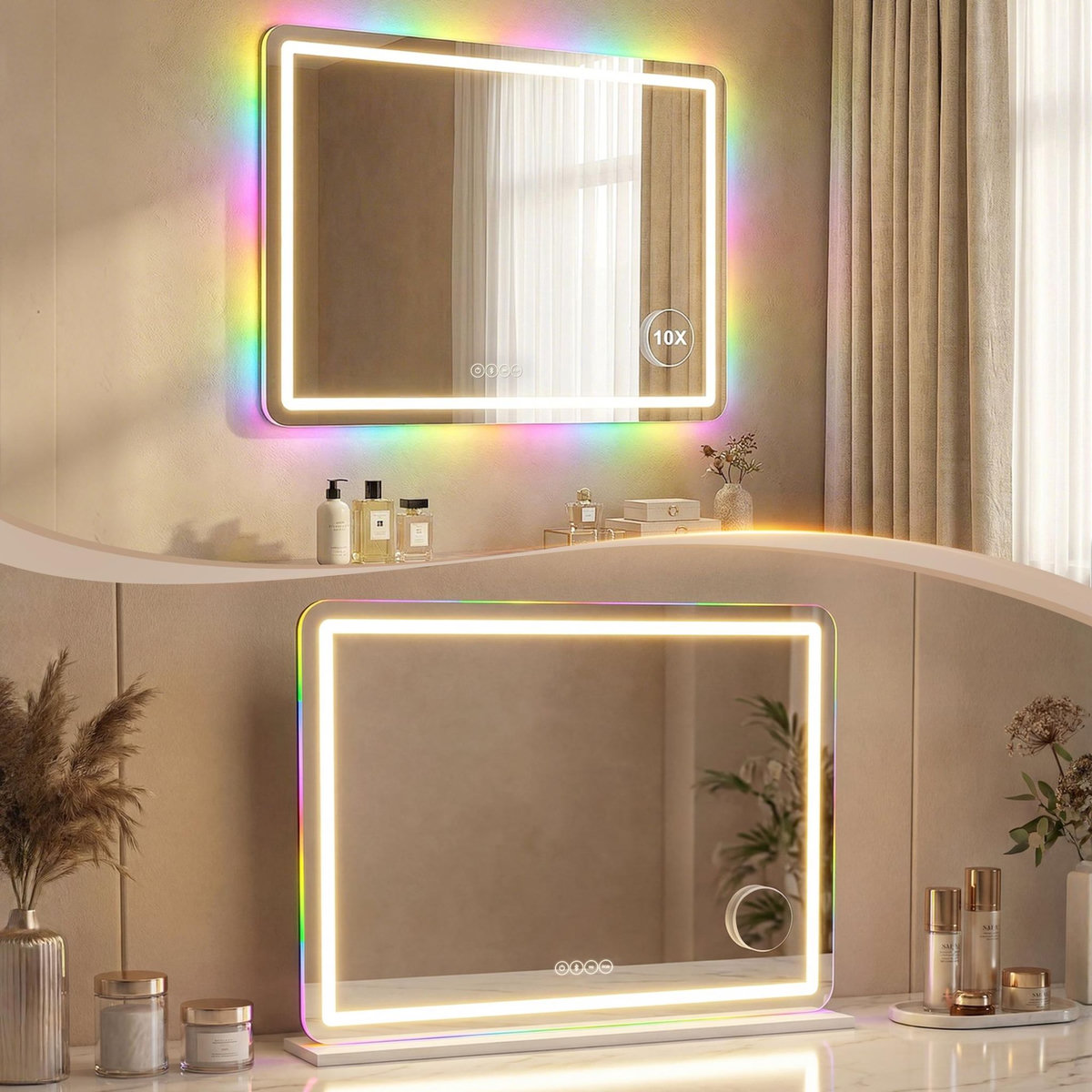 HOMCOM Miroir LED tactile réglable grossissant 10x HP intégré autoportant