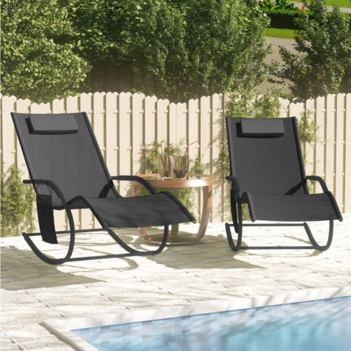 VIDAXL Chaises longues à bascule 2 pcs Noir Acier et textilène