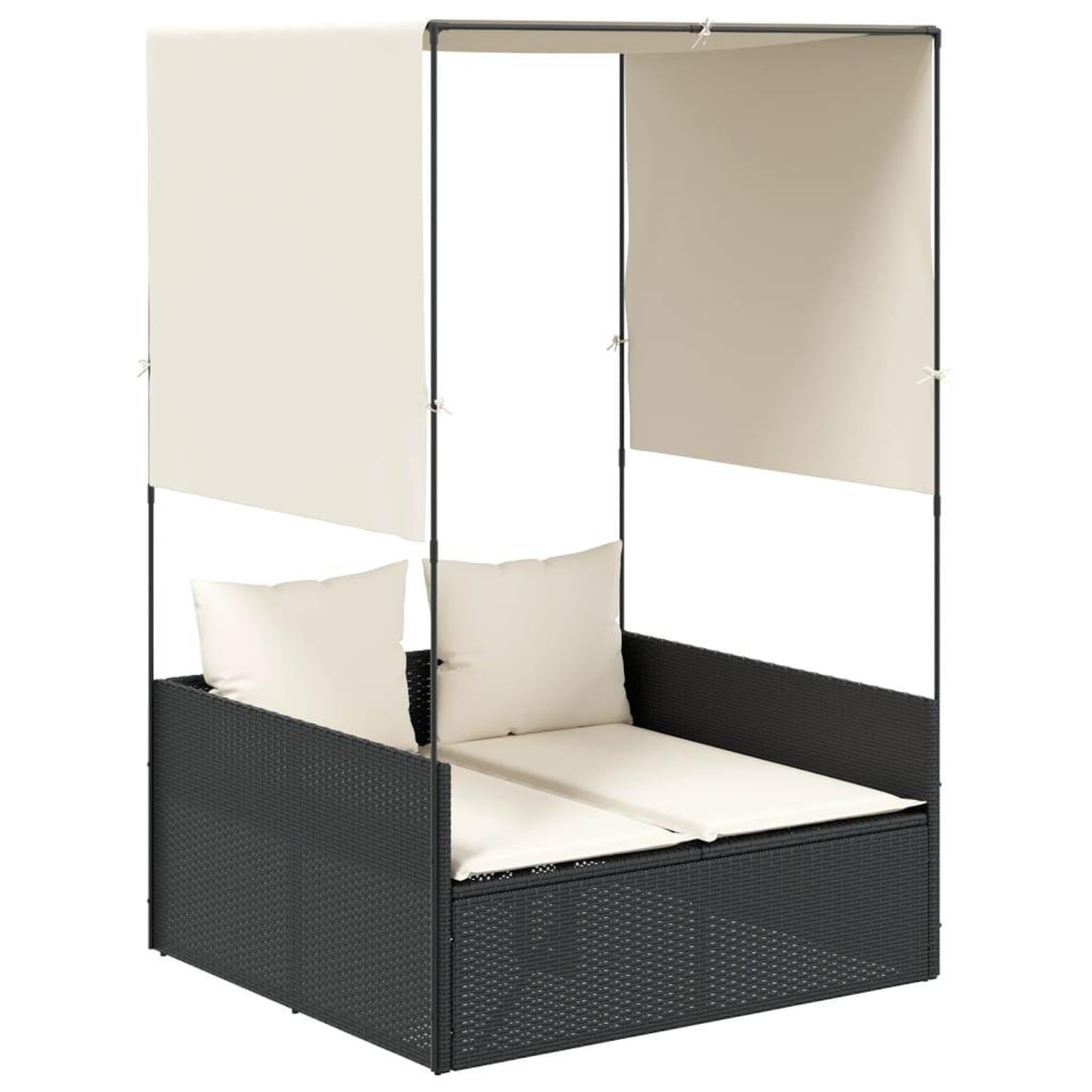 Voir la diapositive 2 : VIDAXL Chaise longue double avec toit et rideaux noir resine tressee