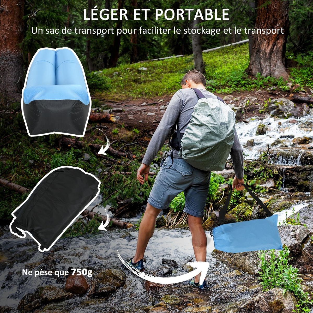 OUTSUNNY Hamac gonflable transat gonflable pliable en sac avec bandoulière double couche PE nylon bicolore bleu noir