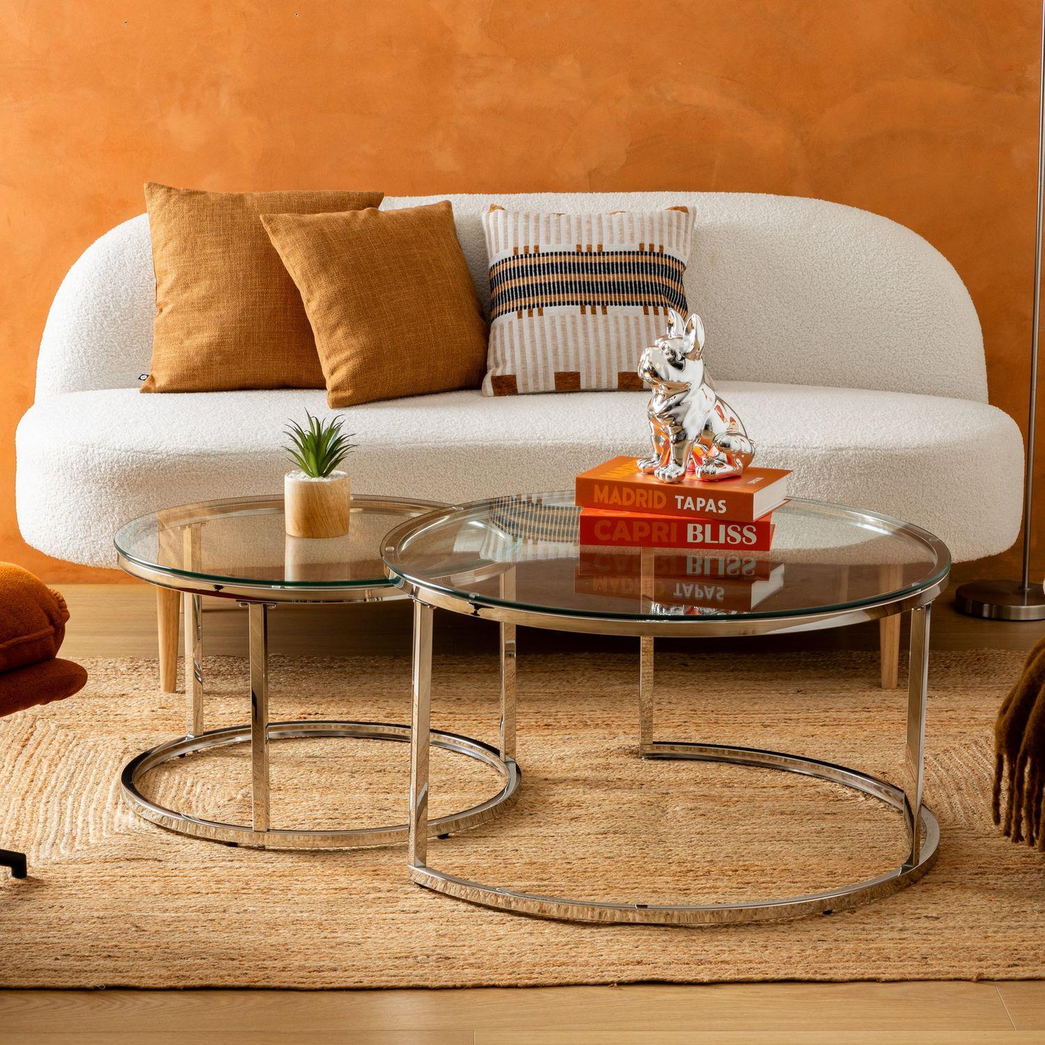 Voir la diapositive 2 : ATMOSPHERA Ensemble de 2 tables basses gigognes en verre et inox kneo - argent