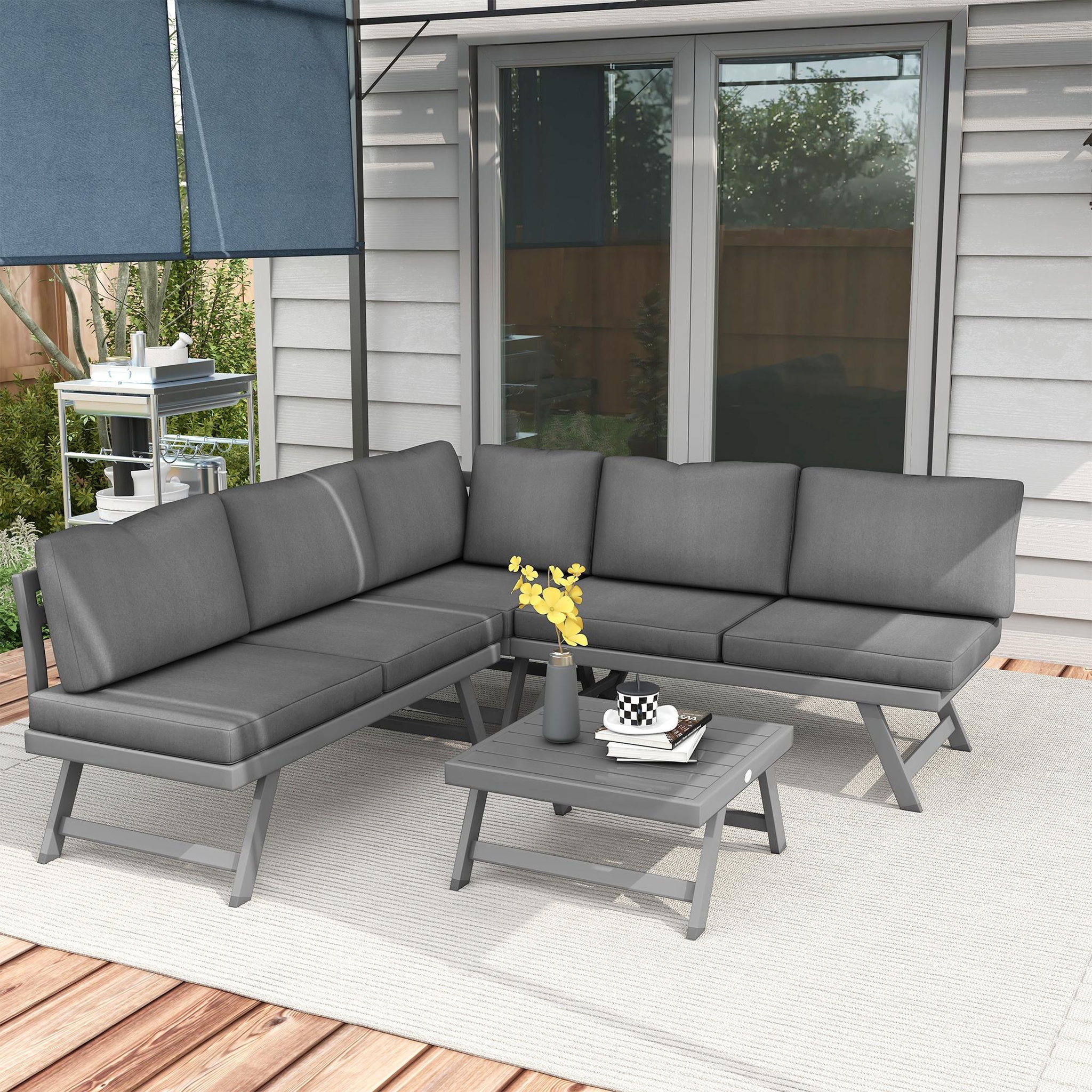 Voir la diapositive 2 : OUTSUNNY Ensemble salon de jardin d'angle 5 places style contemporain avec table basse coussins acier alu gris