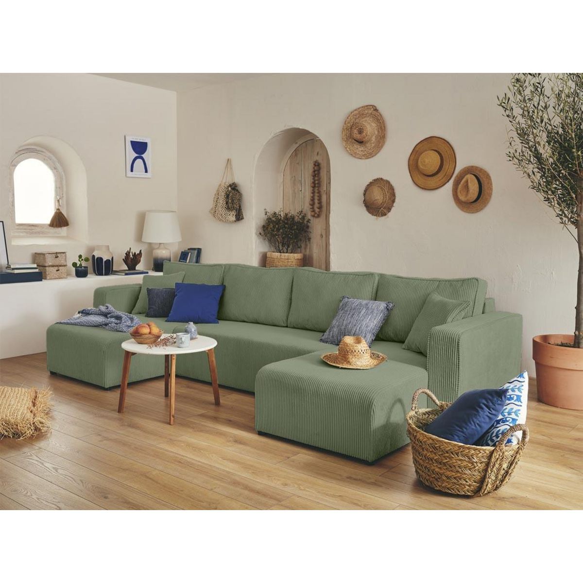 BEST MOBILIER Topaze - canapé panoramique en u - 7 places - convertible avec coffre - en velours côtelé