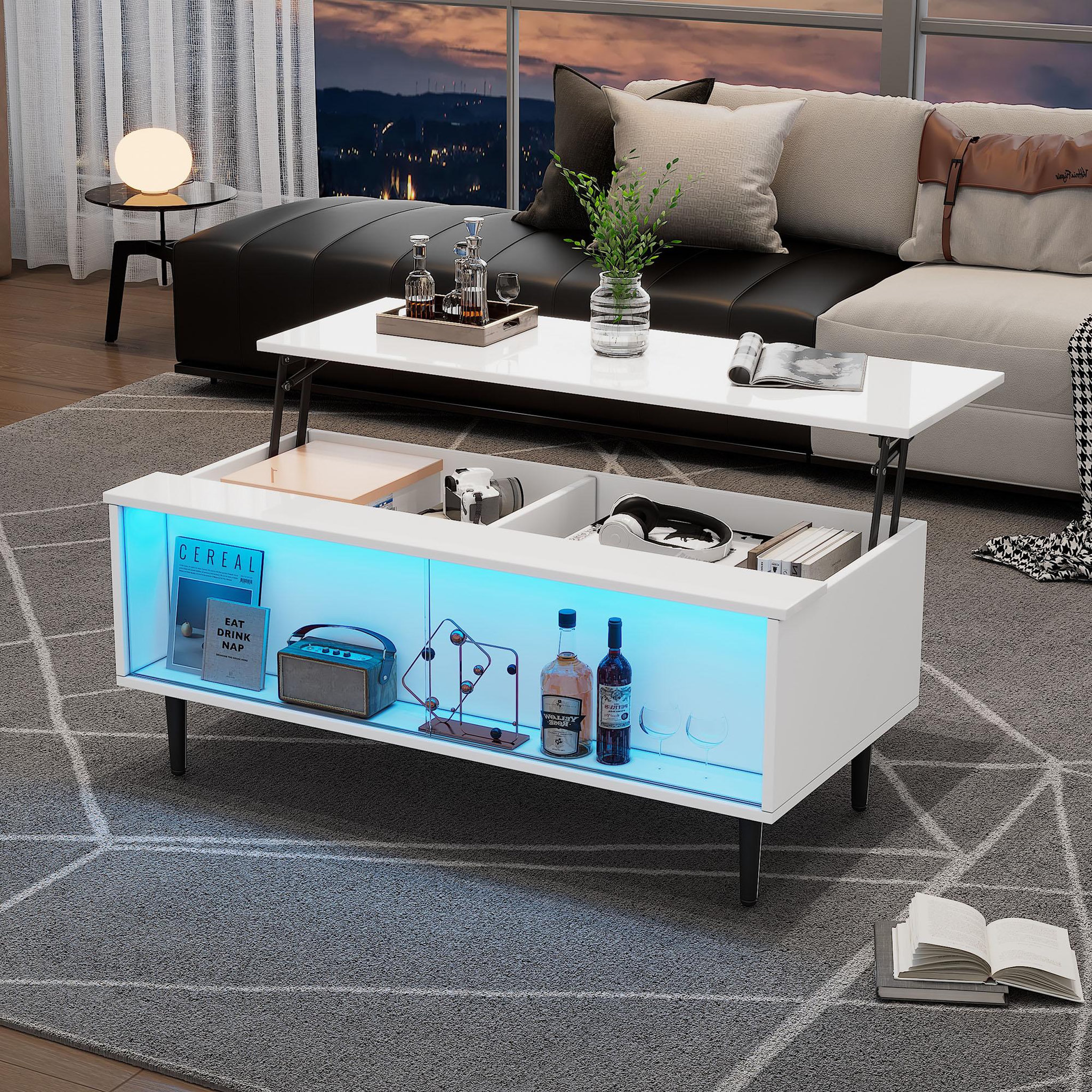 Voir la diapositive 2 : MERAX Table basse relevable rectangulaire blanc - 50x105 cm led panneau de particules