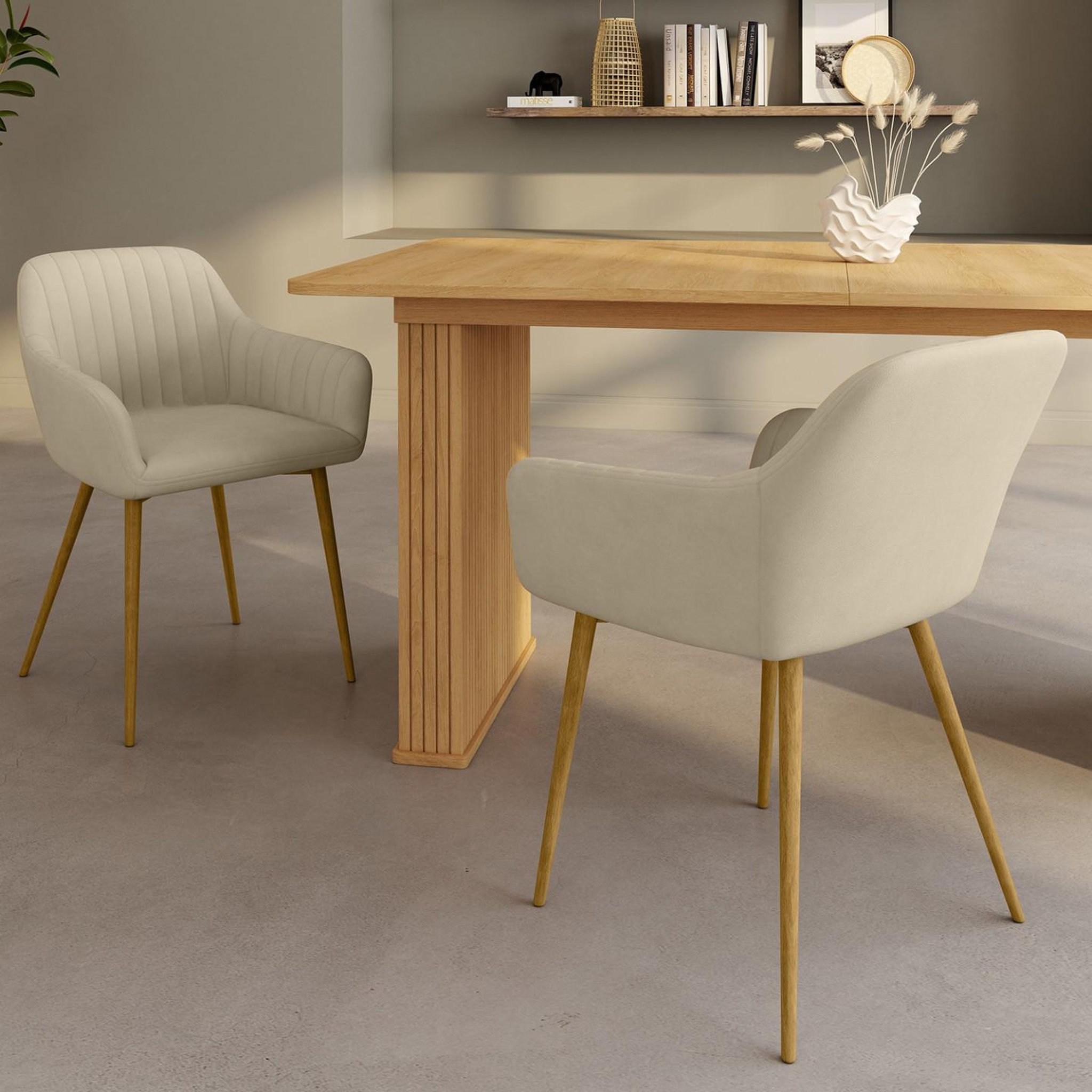 Voir la diapositive 2 : ID MARKET Lot de 2 chaises de salle à manger, fauteuils de table jany matelassées velours beige pieds effet bois