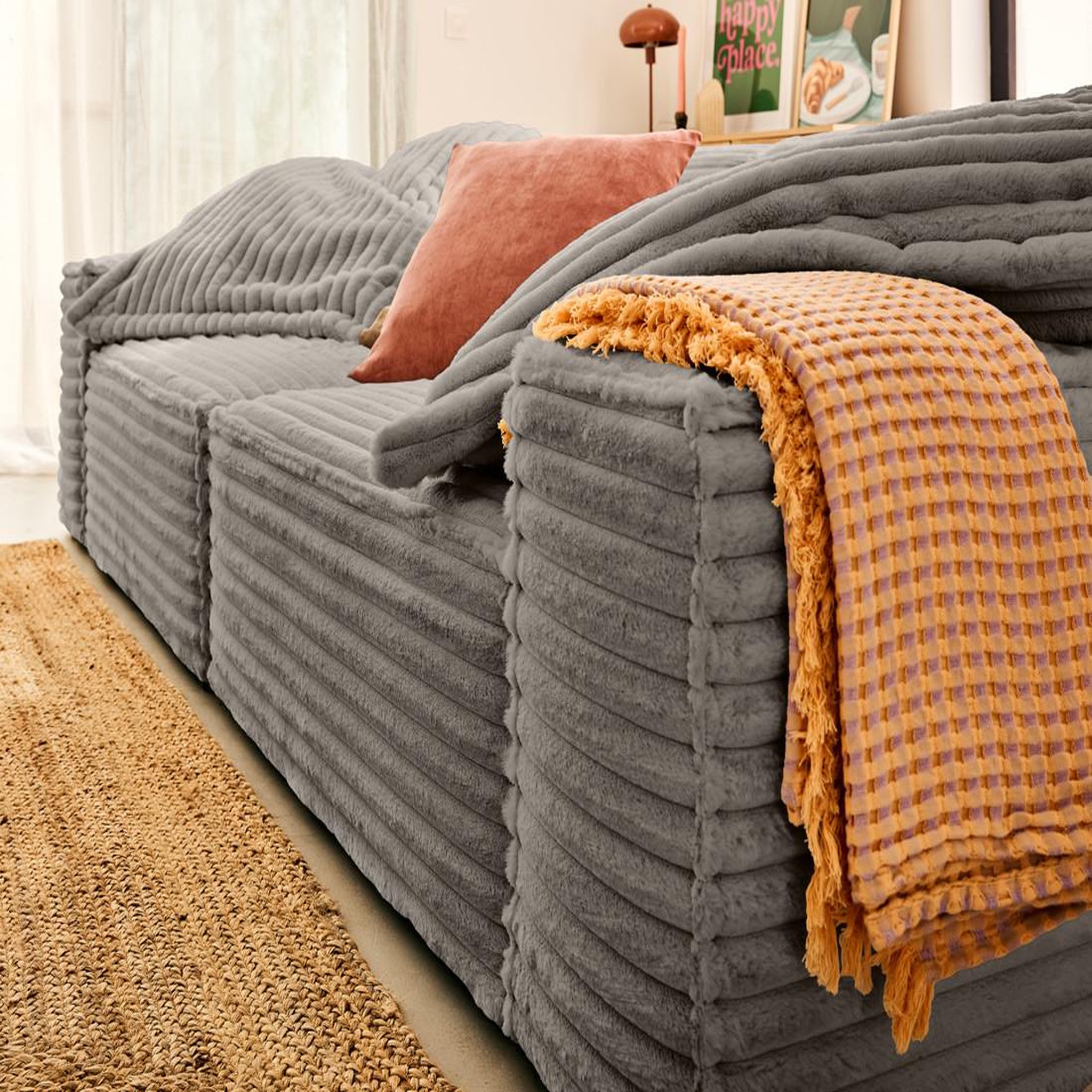 Voir la diapositive 3 : LISA DESIGN Richie - canapé droit 3 places avec double méridienne - assise profonde - en fausse fourrure côtelée