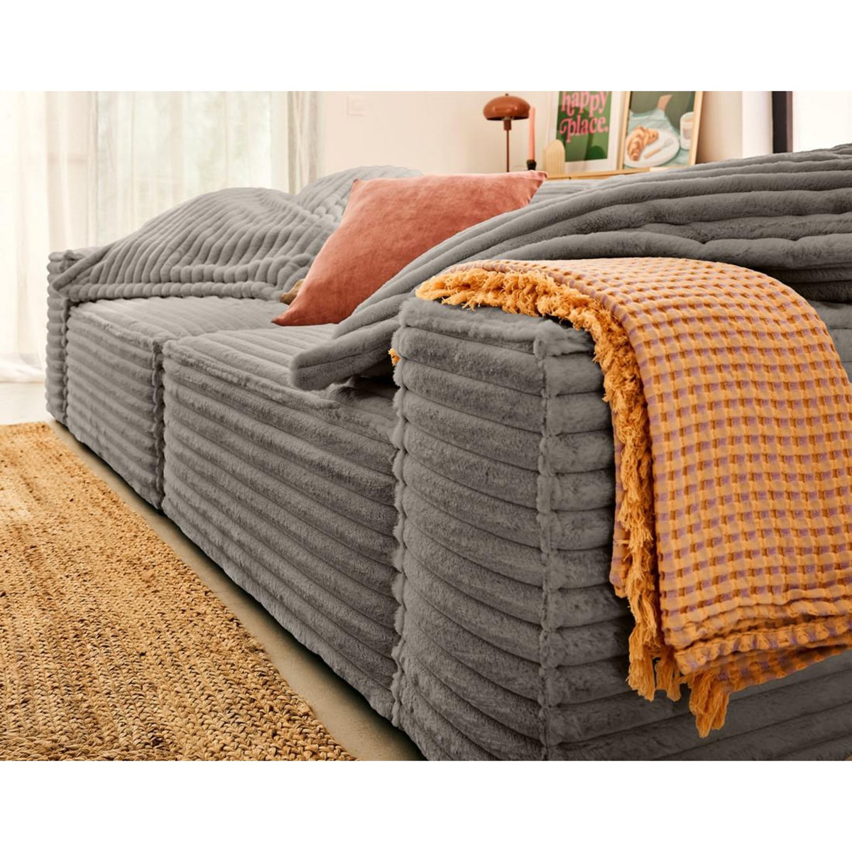 LISA DESIGN Richie - canapé droit 3 places avec double méridienne - assise profonde - en fausse fourrure côtelée