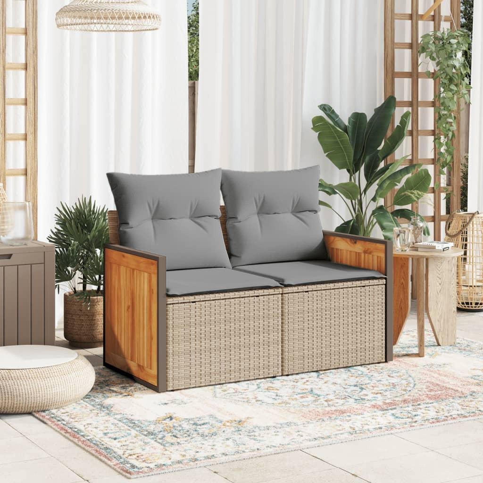 Voir la diapositive 3 : VIDAXL Canape de jardin avec coussins 2 places beige resine tressee