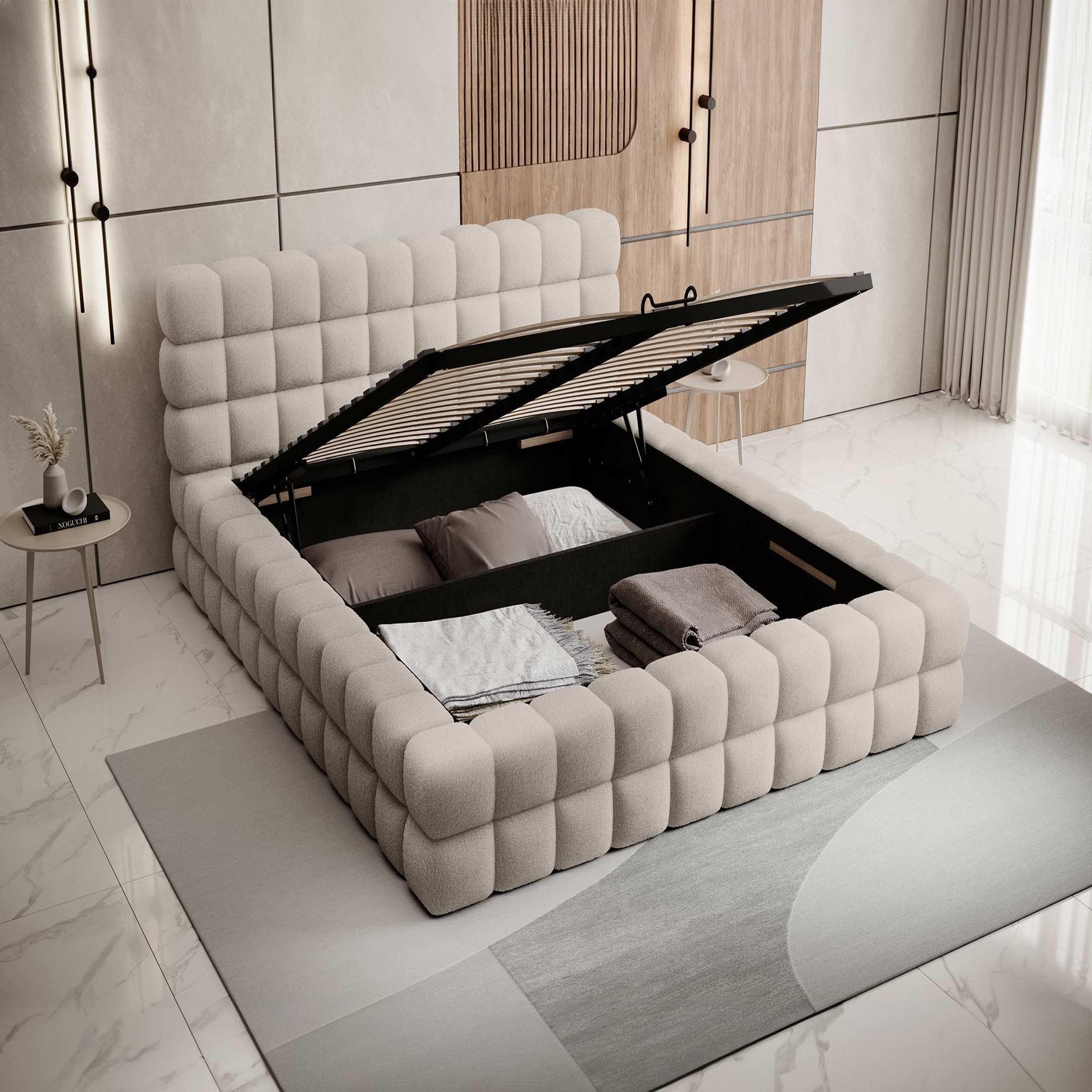 Voir la diapositive 2 : BEST MOBILIER Kingston - lit coffre - 140x200 - sommier inclus - en tissu bouclette