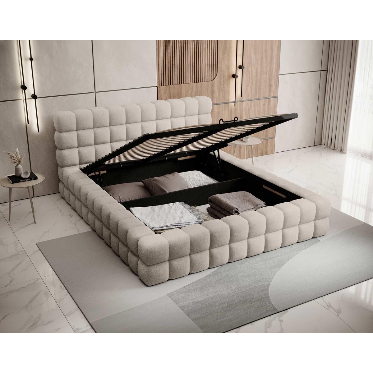 BEST MOBILIER Kingston - lit coffre - 140x200 - sommier inclus - en tissu bouclette