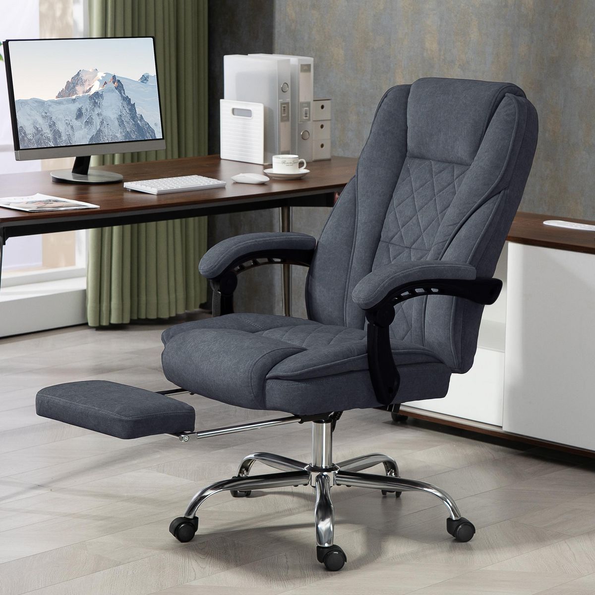 VINSETTO Fauteuil de bureau manager massant chauffant inclinable réglable télécommande repose-pieds rétractable velours gris bleuté