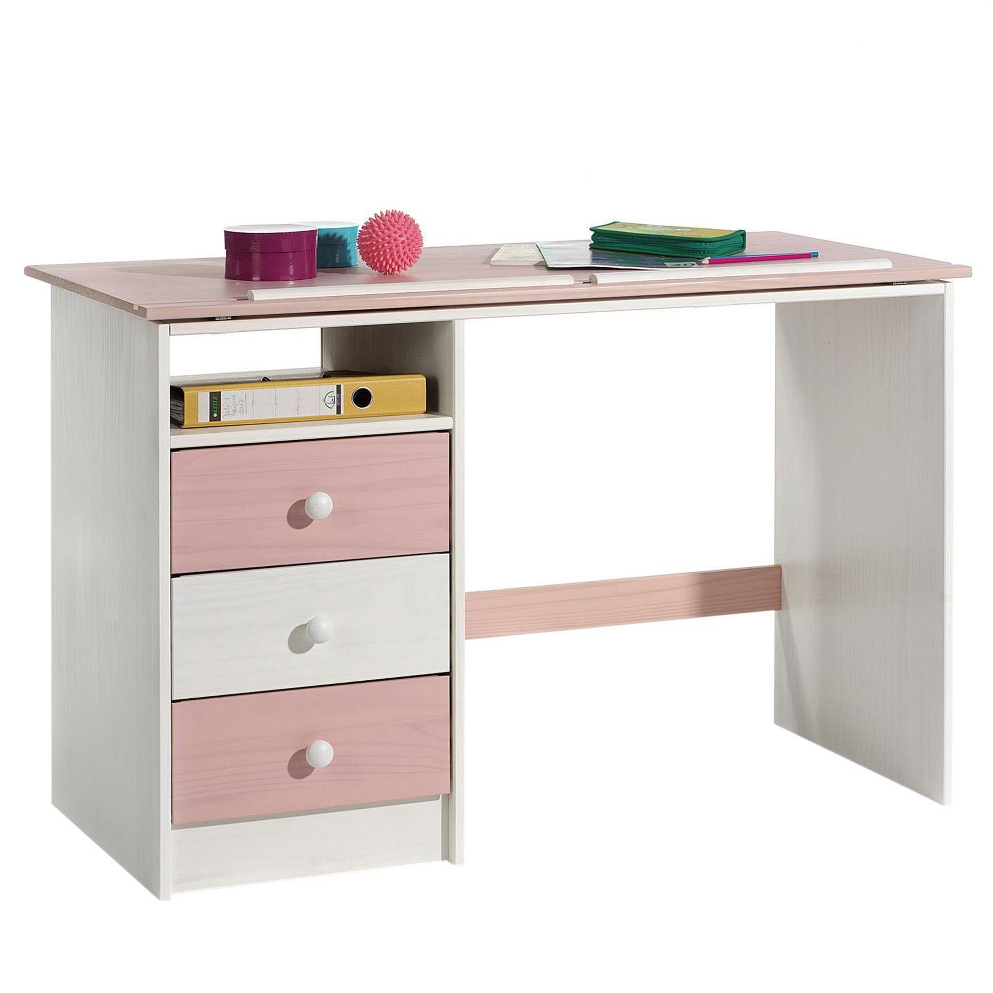 Voir la diapositive 3 : IDIMEX Bureau enfant KEVIN, en pin massif, 3 tiroirs et plateau inclinable