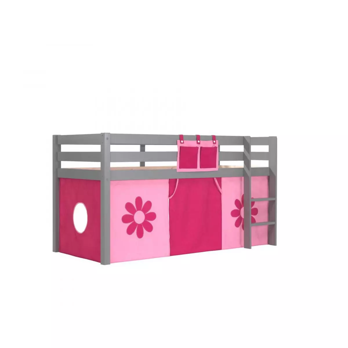 Vipack Lit Enfant Surélevé Pino 90x200cm Gris + Rideau de lit Pink Flower