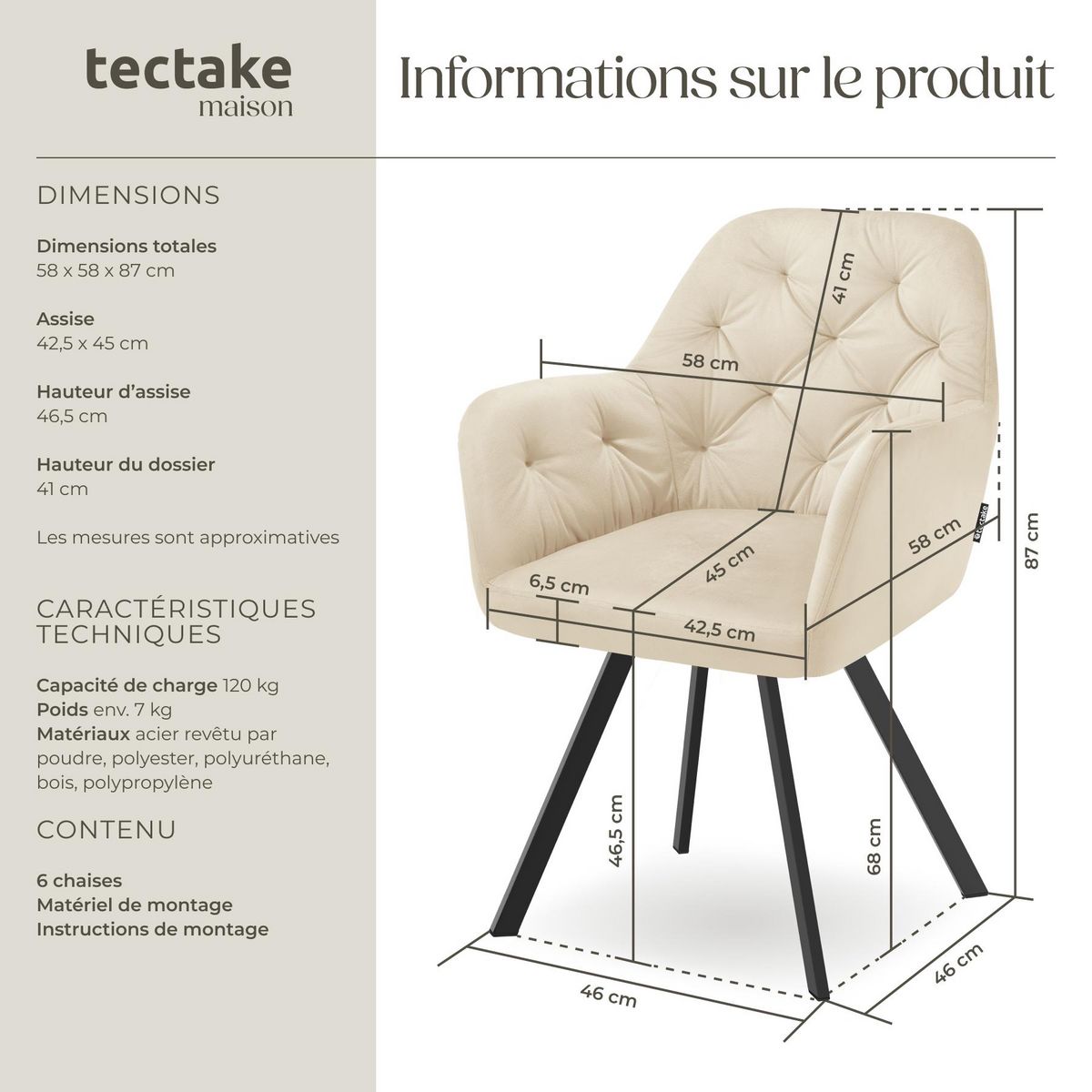 tectake Fauteuil pivotant en velours avec accoudoirs rembourré avec motif matelassé crème Lot de 6